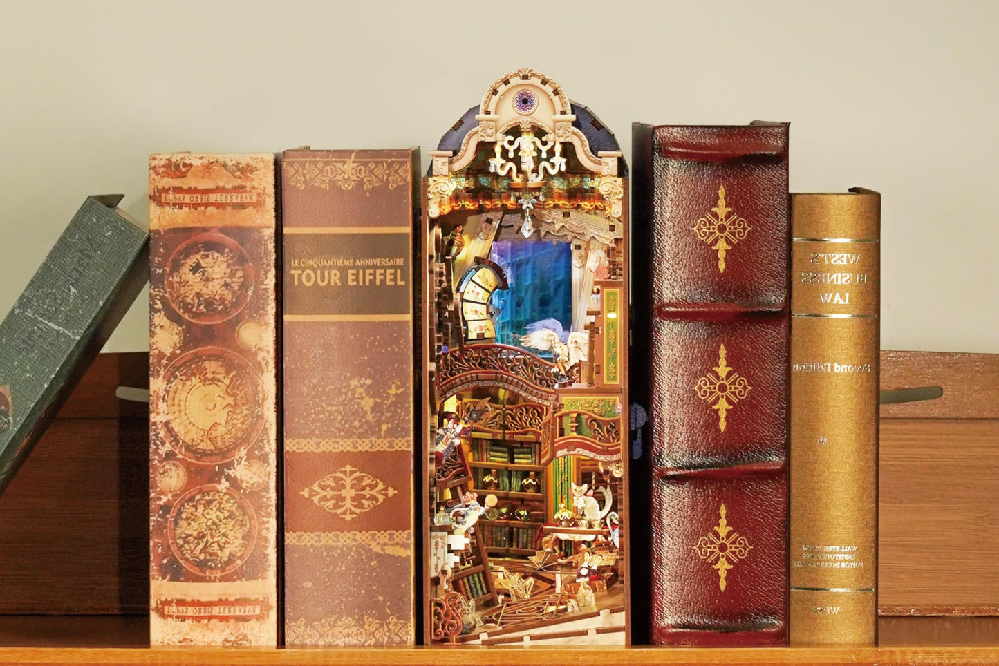 Tonecheer DIY Book Nook Kit for Adults, 3D Wooden Puzzle Bookend Miniature House Kit, Booknook Bookshelf Insert Decor with Dust Cover and LED Lights Gifts (Magical Library)