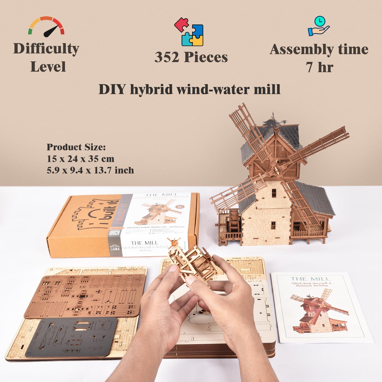 Wooden Mill-Hybrid Medieval Windmill, Watermill, Blacksmith Workshop -3D Wooden Puzzles for Adults to Build - Engineering DIY Mechanical Model Kit, 352PCS - Assembly Time 9H