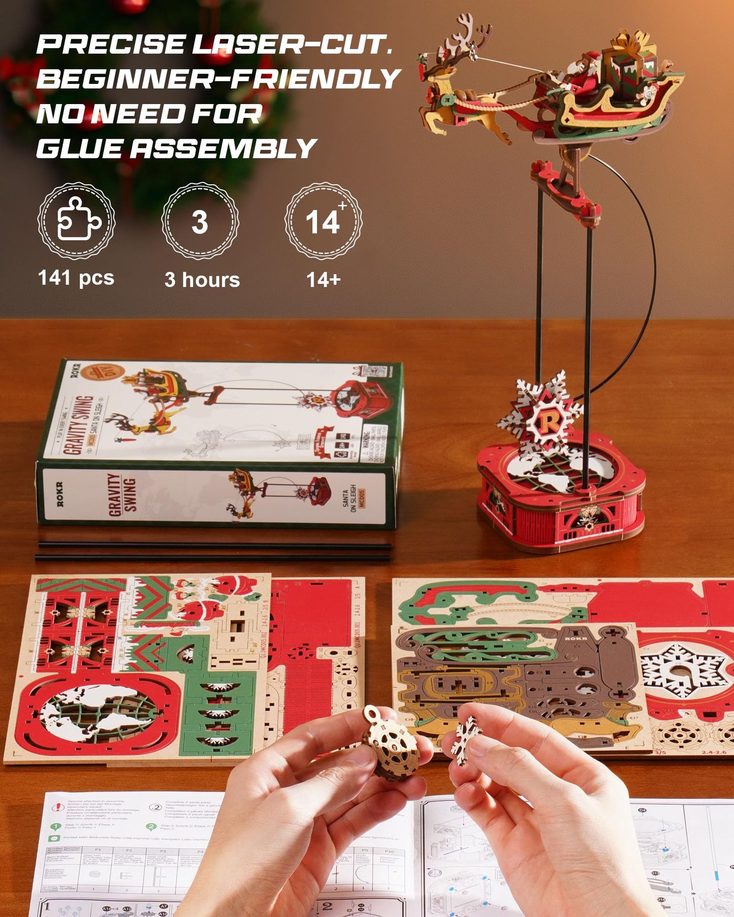ROKR 3D Wooden Puzzle Santa on Sleigh Gravity Swing Series Wooden Model Kits DIY Dynamic Balance Christmas Decor,Mechanical Model Building Kit, for Teens and Adults