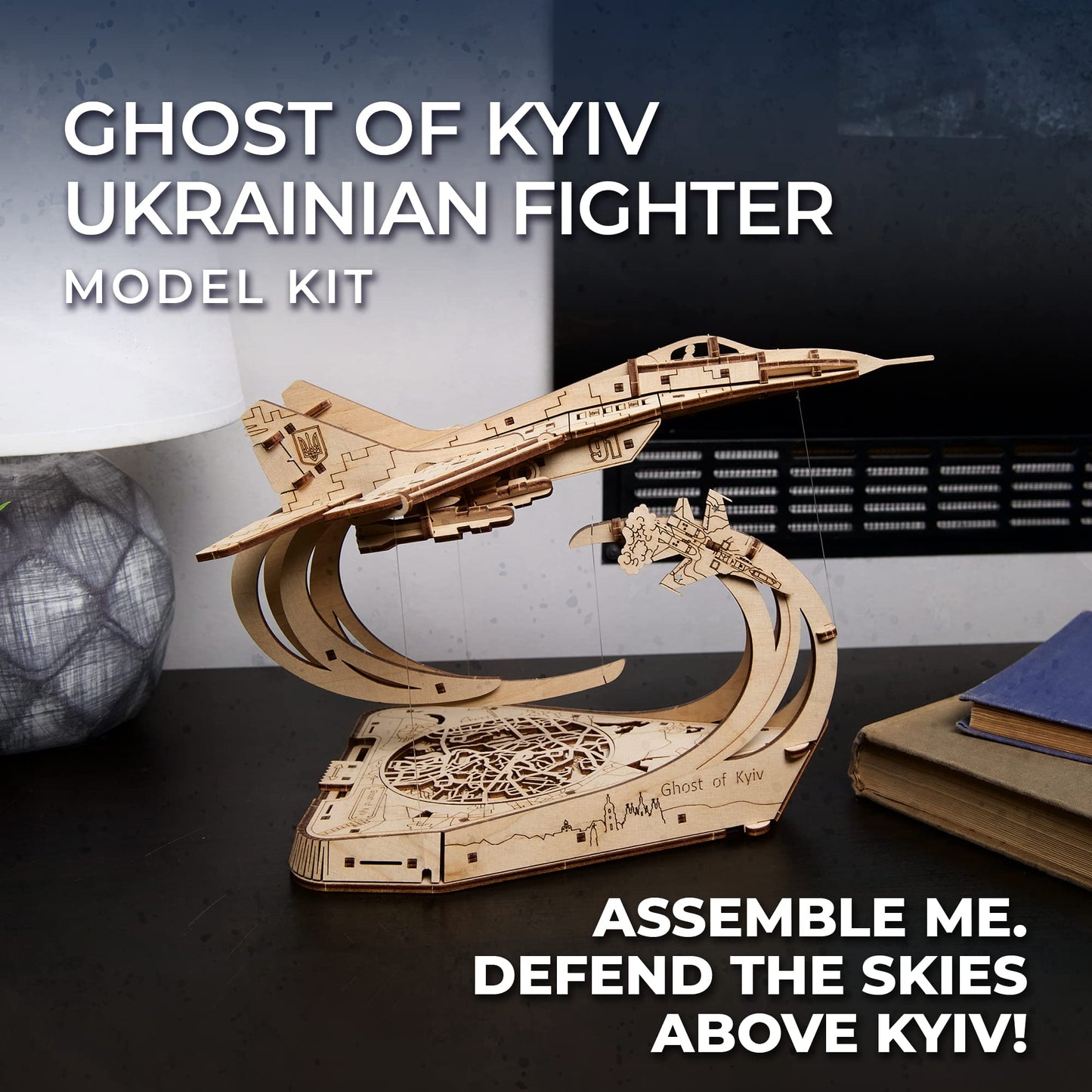 UGEARS Wooden Airplane Model Kits - The Ghost of Kyiv Ukrainian Fighter Jet Model Kit with Movable Ailerons, Wing Flaps & Tail Rudders - MiG-29 Military Aircraft - 3D Puzzles for Adults