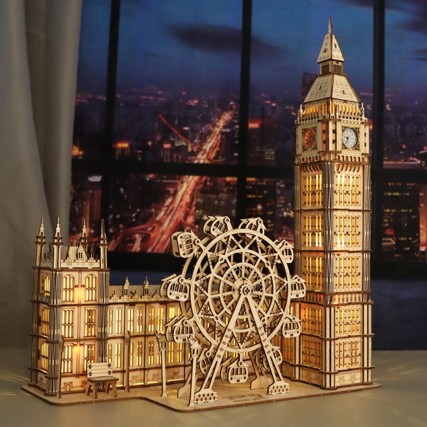Music Park 3D Puzzles Big Ben Real Clock with Night Light Wooden Model Kits for Adults to Build Ferris Wheel Craft Christmas and Birthday Gifts Home Decoration
