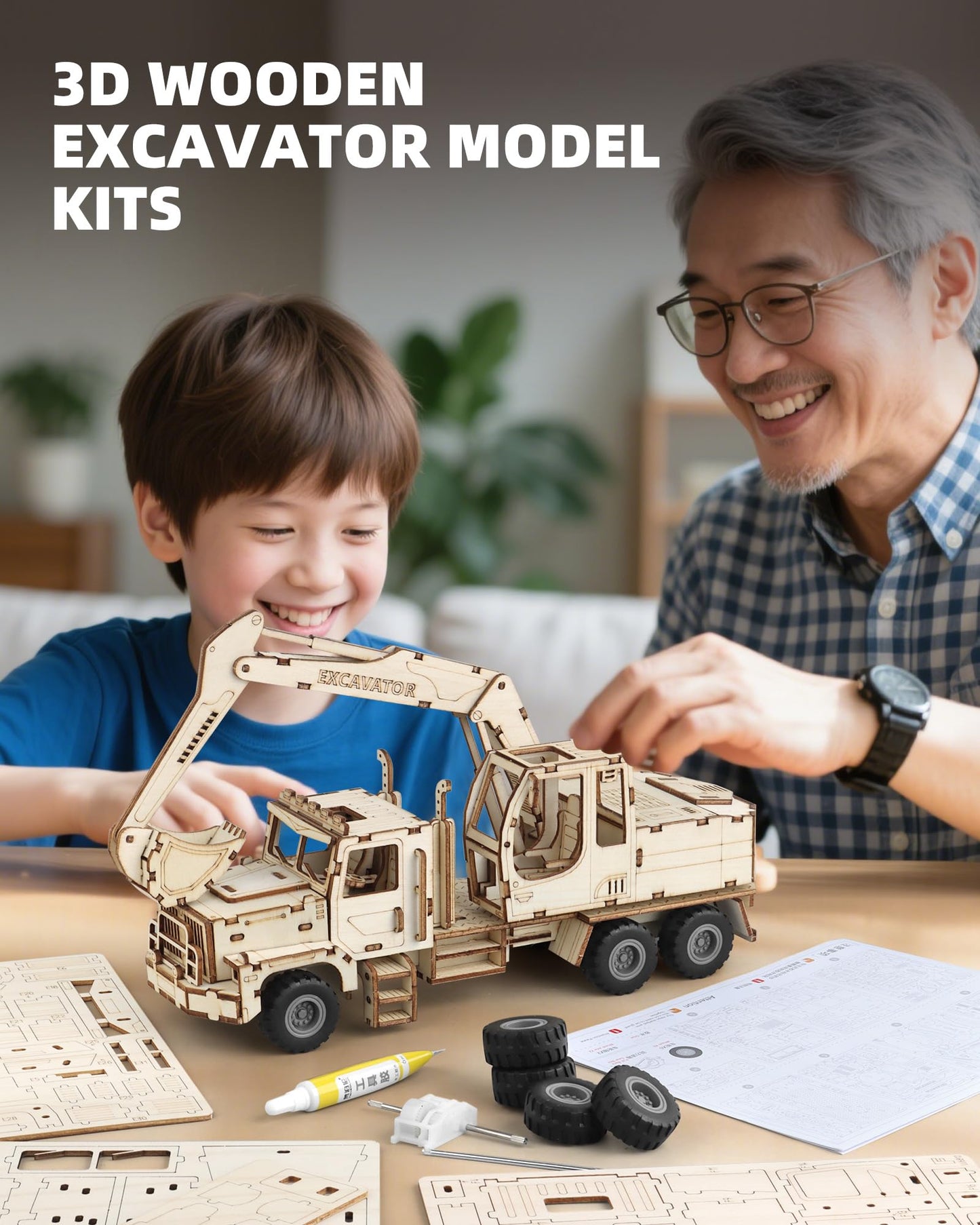 MOCBURIKU 3D Wooden Puzzle for Adults, Excavator Wooden Mechanical Model Car Kits to Build, Brain Teaser Pull Back Truck Toys Birthday for Men Women (Excavator)