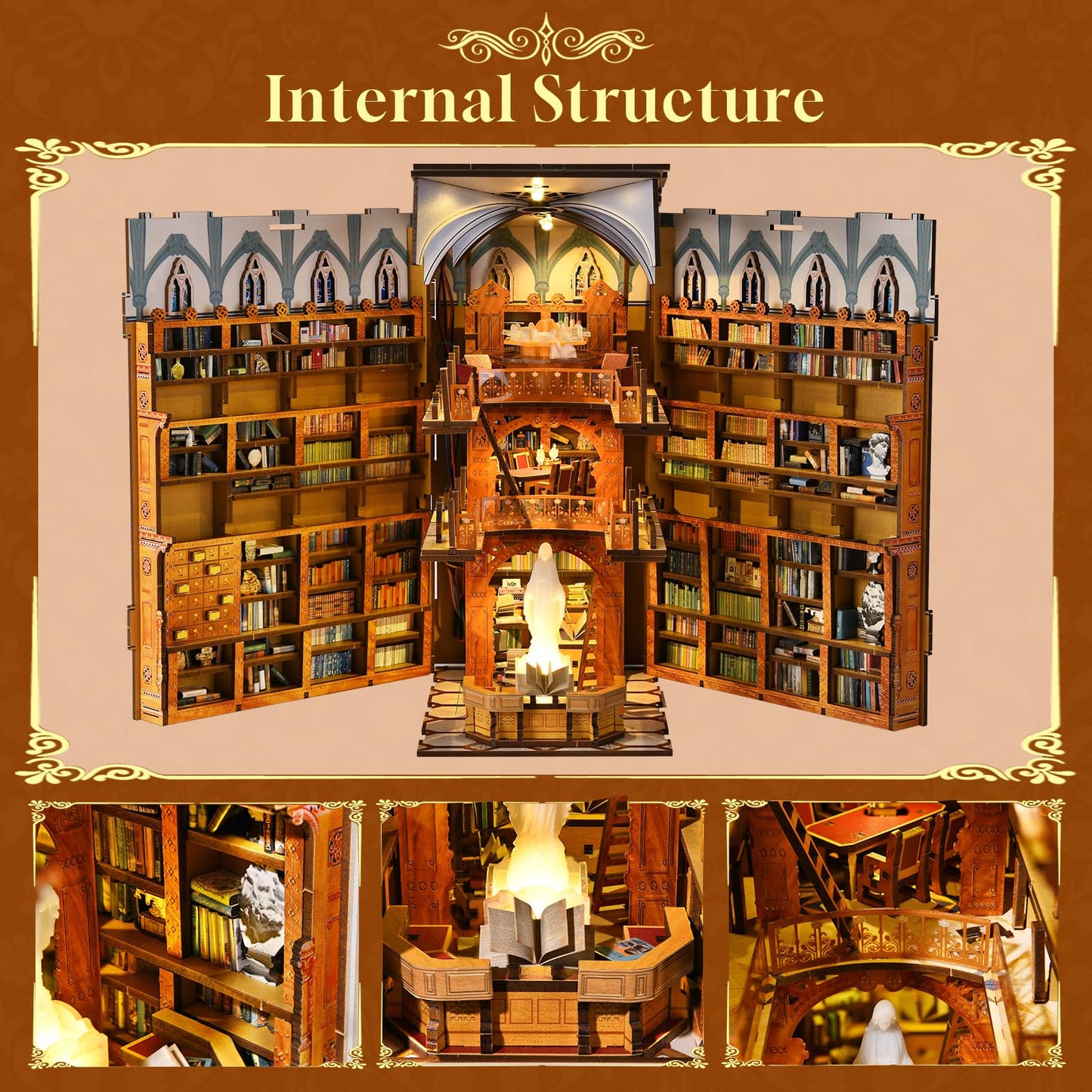 CCCDF Book Nook Kit, DIY Miniature House Kit 3D Wooden Puzzle for Adults Booknook Kit with Dust Cover Book Decor Bookshelf Decoration Decorative Bookends Women Craft Gifts for Teens (Public Library)