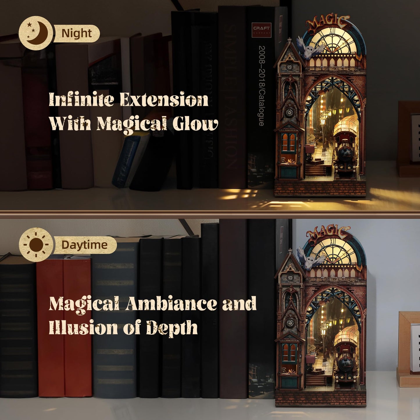 FUNPOLA LED 3D Puzzle Magic Station Book Nook Kit - Interactive 3D Wood Puzzle LED Magical Miniature with Infinite Extension Space - DIY Bookshelf Insert Decor Gifts