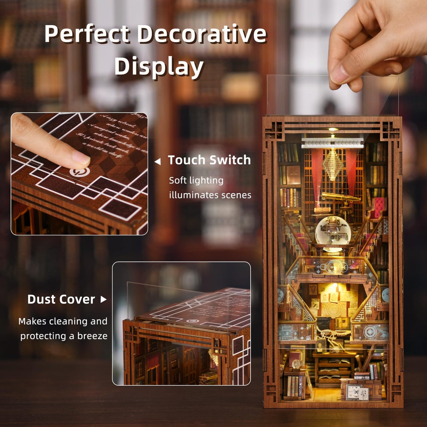 CCCDF DIY Book Nook Kit, DIY Miniature Dollhouse Booknook Kit, 3D Wooden Puzzle Bookend Bookshelf Insert Decor with LED Light for Teens and Adults (Beyond Library)