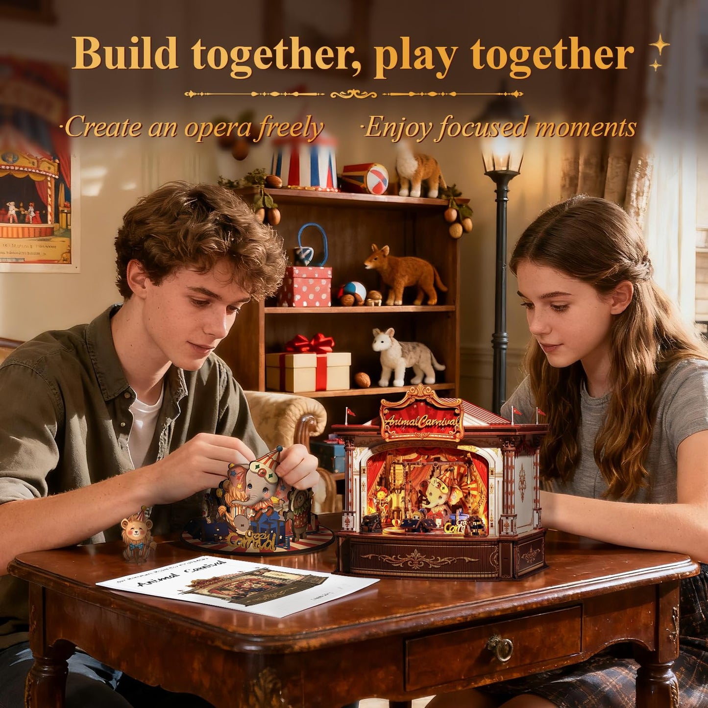 CUTEBEE 3D Puzzles Wooden Theater for Adults - DIY Music Box Rotating Miniature House Kit Model Building Set with LED Light, Home Bookshelf Decor, Unique Birthday Gifts (Animal Carnival)