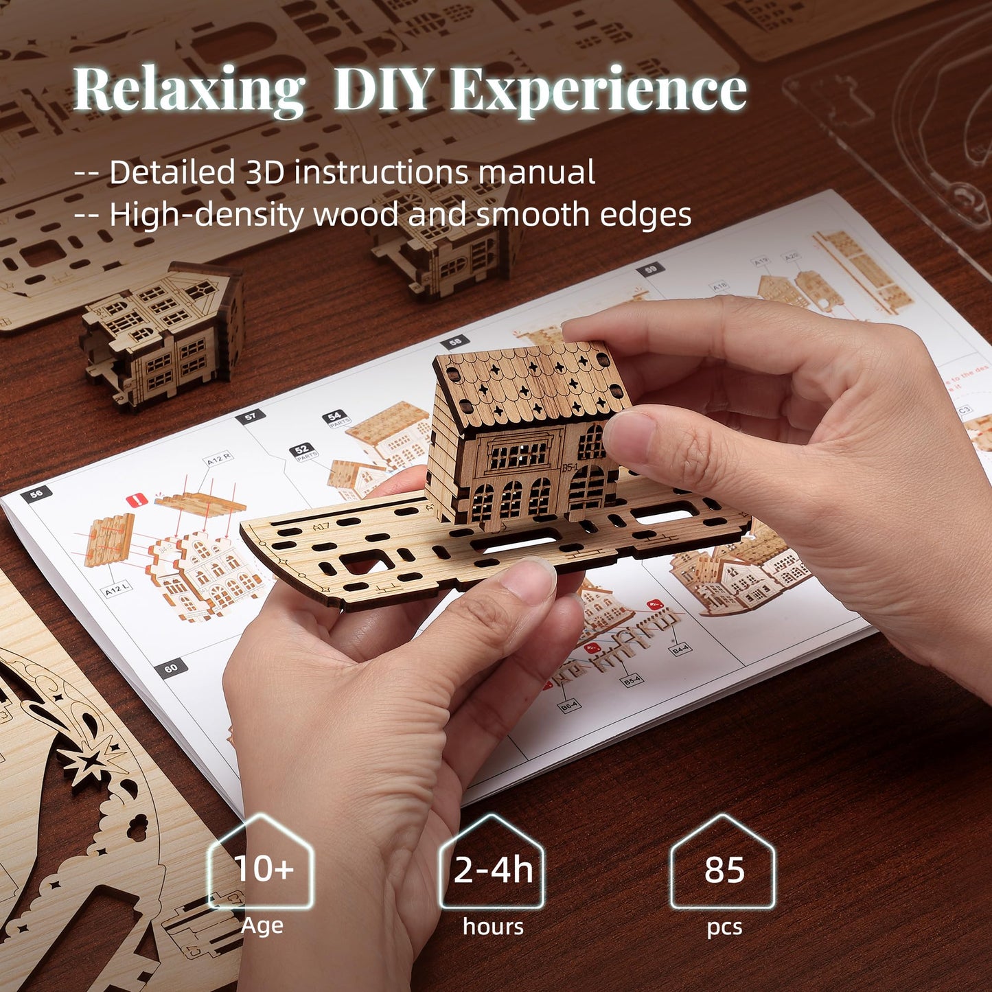 FUNPOLA 3D DIY Puzzle Moon City Model - LED 3D Wood Puzzle - 3D Wooden Puzzles for Adults Home Décor Gifts for Kids and Adults, Brown