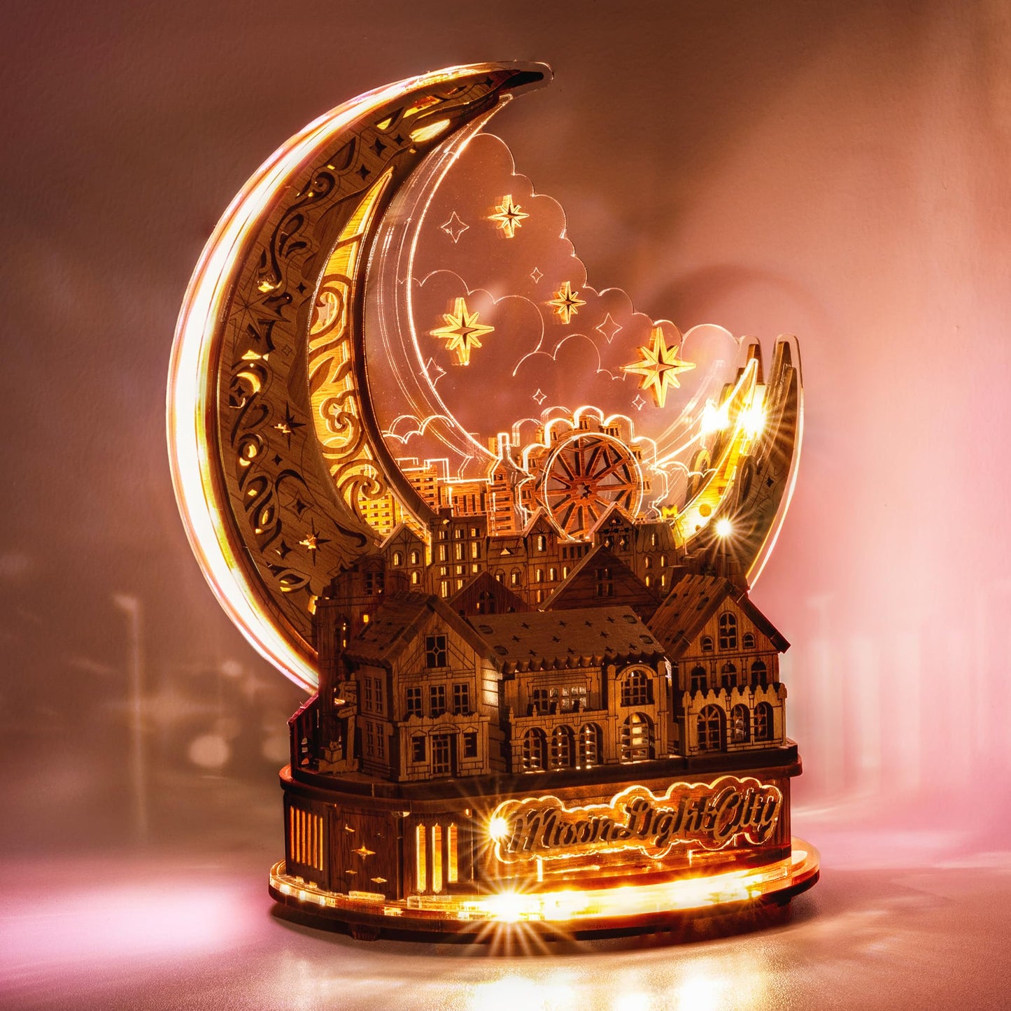 FUNPOLA 3D DIY Puzzle Moon City Model - LED 3D Wood Puzzle - 3D Wooden Puzzles for Adults Home Décor Gifts for Kids and Adults, Brown