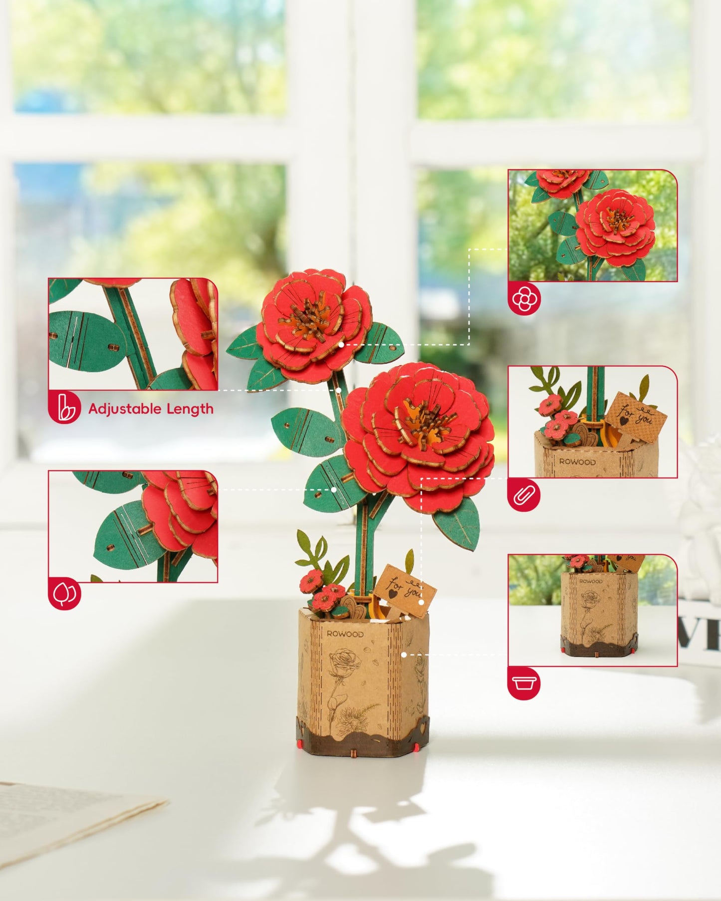 rowood 3D Puzzle Artifical Flower,DIY Wooden Flower Craft Kit Building,Mother's Day/Valentine's Day/Teacher's Day/Thanksgiving Day/Christmas/Birthday Gift for Mom/Women/Grandma/Wife/Her-Red Camellia
