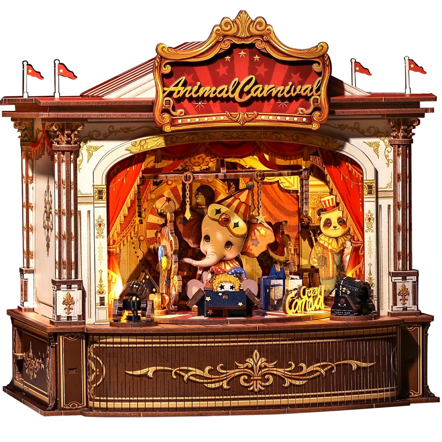 CUTEBEE 3D Puzzles Wooden Theater for Adults - DIY Music Box Rotating Miniature House Kit Model Building Set with LED Light, Home Bookshelf Decor, Unique Birthday Gifts (Animal Carnival)