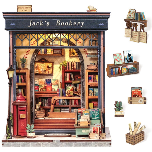 Cutefun Book Nook Kit, DIY Miniature Dollhouse Library Kit for Adults and Teens, Tiny House Building Bookshelf Insert Decor with LED Light, Gifts for Family and Friends (Jack's Bookery)