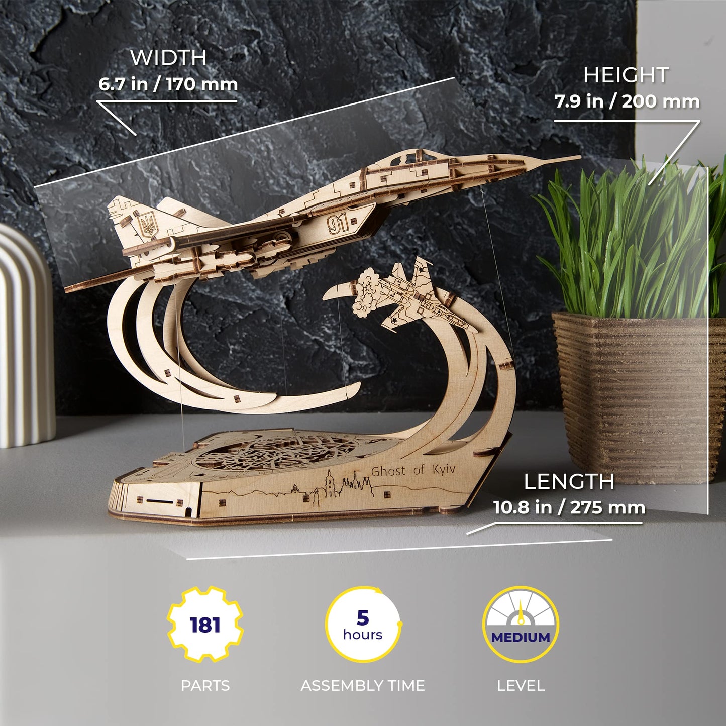 UGEARS Wooden Airplane Model Kits - The Ghost of Kyiv Ukrainian Fighter Jet Model Kit with Movable Ailerons, Wing Flaps & Tail Rudders - MiG-29 Military Aircraft - 3D Puzzles for Adults