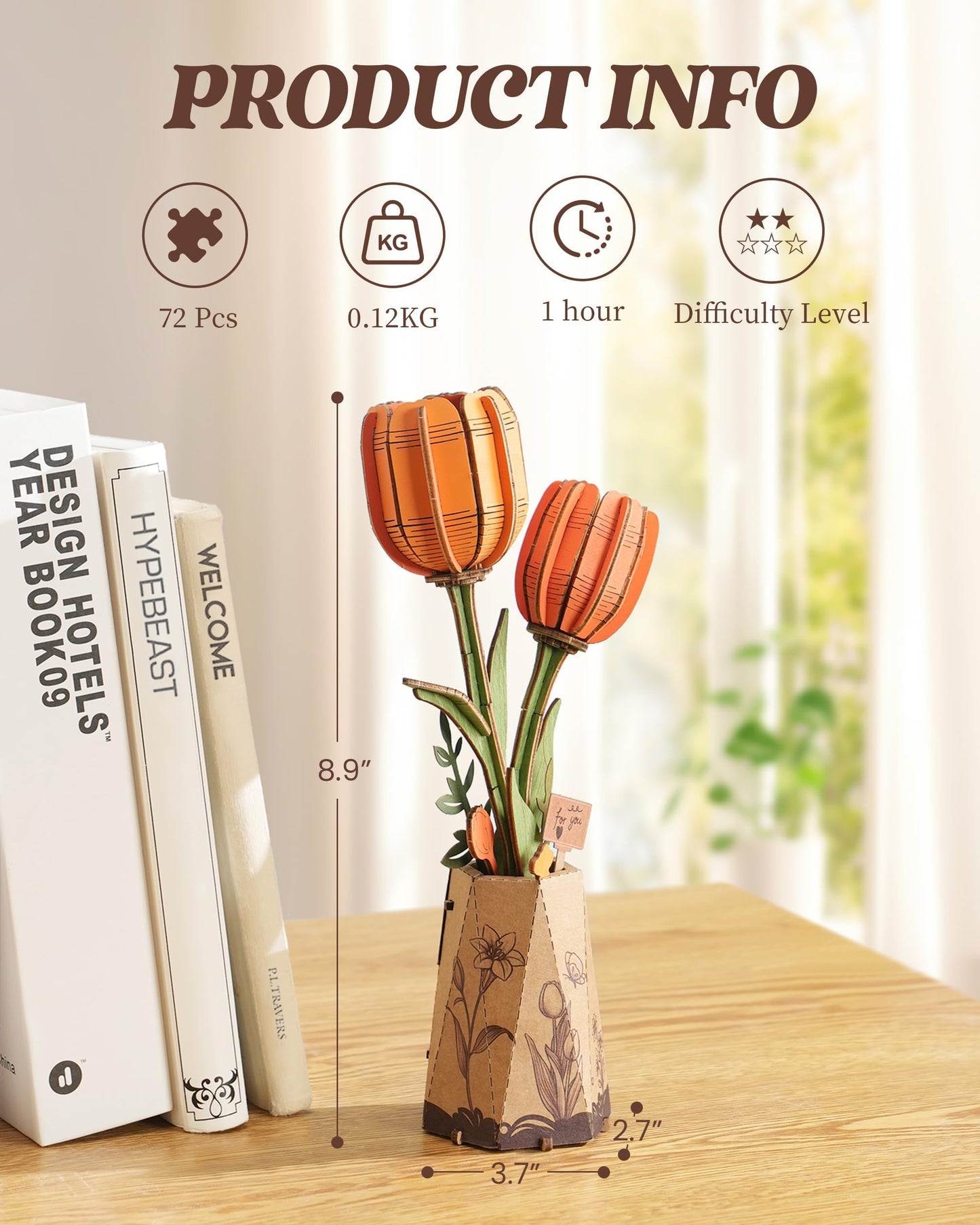 ROBOTIME 3D Puzzle Orange Tulip TW081, DIY Wooden Flower Craft, Artificial Flowers Model Kit to Assemble for Adults, Home Decoration and Valentine's Day Toy Gift Set