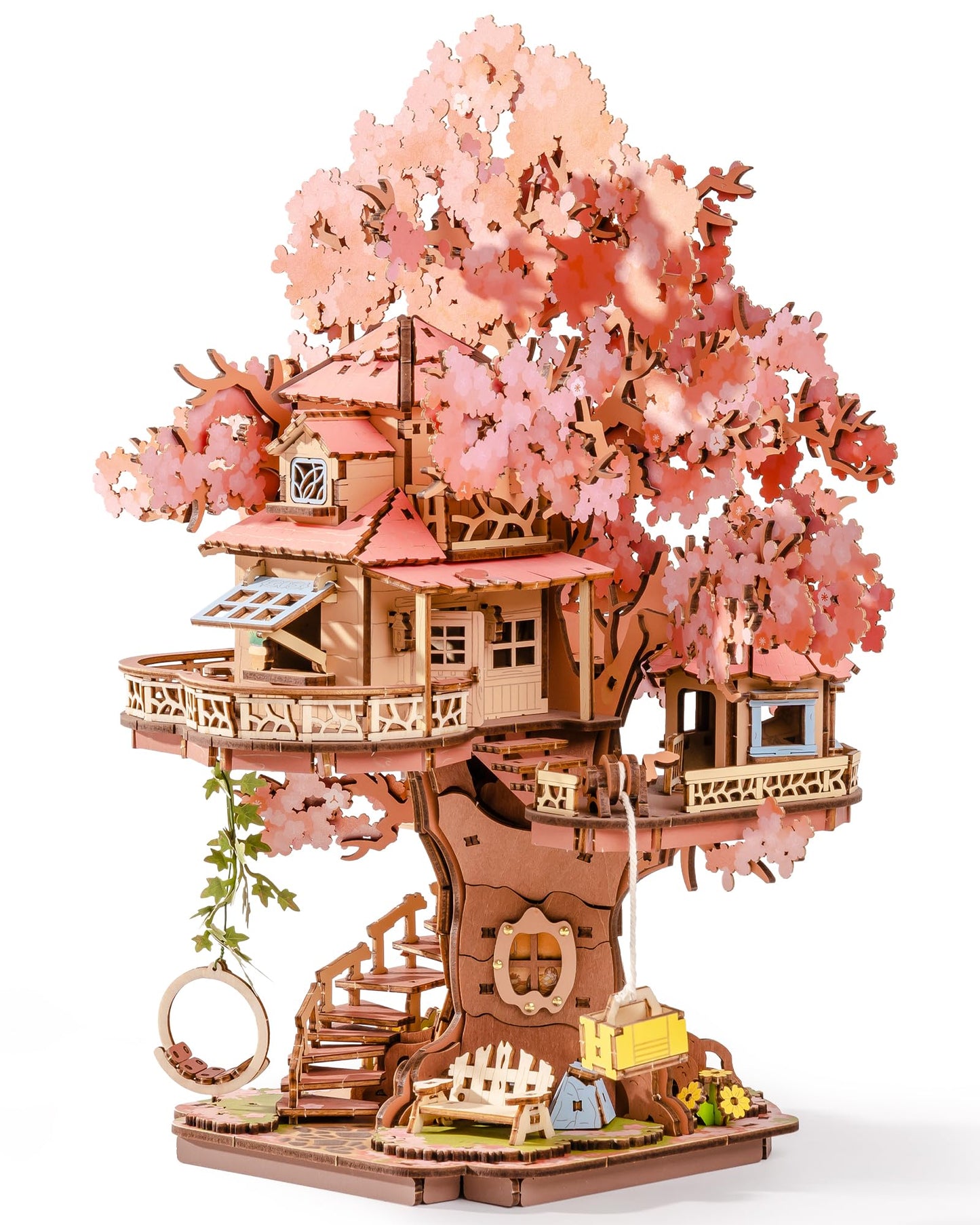 ROBOTIME DIY Miniature House Kits for Adults, 3D Wooden Puzzles for Teenager, Japanese Cherry Blossom Tree Sakura Bonsai Plants for Birthday Gifts and Hobbies (Sakura Tree House)