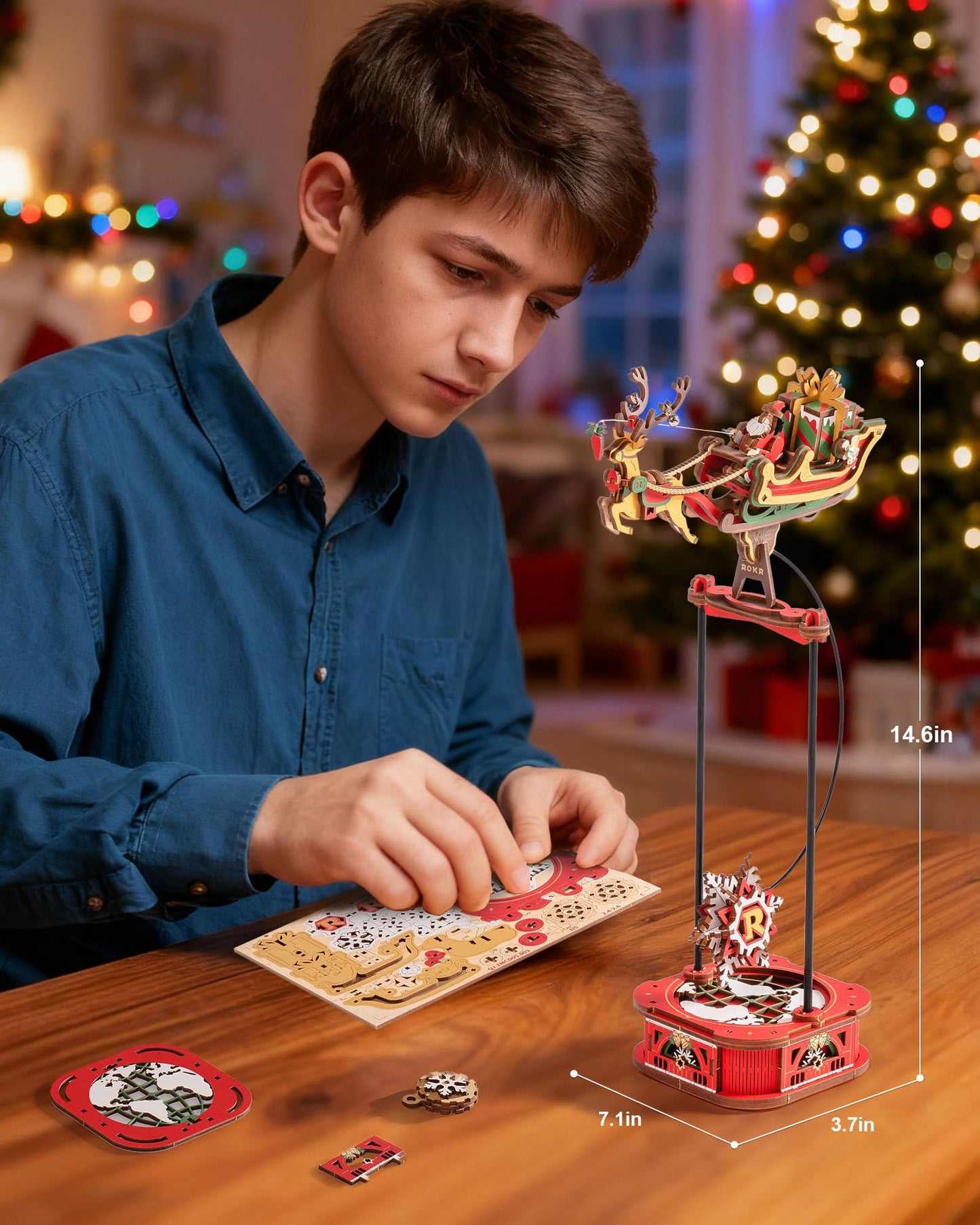 ROKR 3D Wooden Puzzle Santa on Sleigh Gravity Swing Series Wooden Model Kits DIY Dynamic Balance Christmas Decor,Mechanical Model Building Kit, for Teens and Adults
