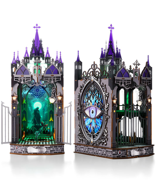 Halloween Book Nook Kit,Haunted House kit,3D Wooden Puzzle Miniature Booknook Bookend Bookshelf Decor with LED Light,Gothic Castle Bookshelf Insert for Home Decor Gift.