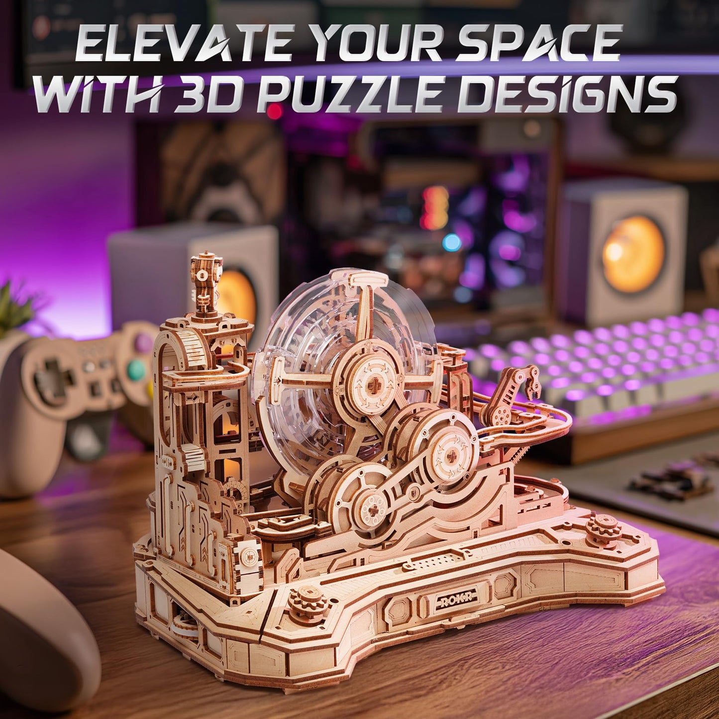 ROKR 3D Wooden Puzzles for Adults Miniature Marble Run Building Toys,DIY Pinball Machine Model Kits-Gear Ball Challenge EGC01