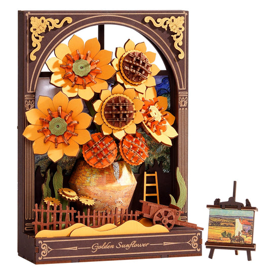 Wowood 3D Wooden Puzzles for Adults - Van Gogh Golden Sunflower DIY Model Building Kits with LED Light - Home Decor, Wall Art & Unique Creative Gifts for Art Lovers