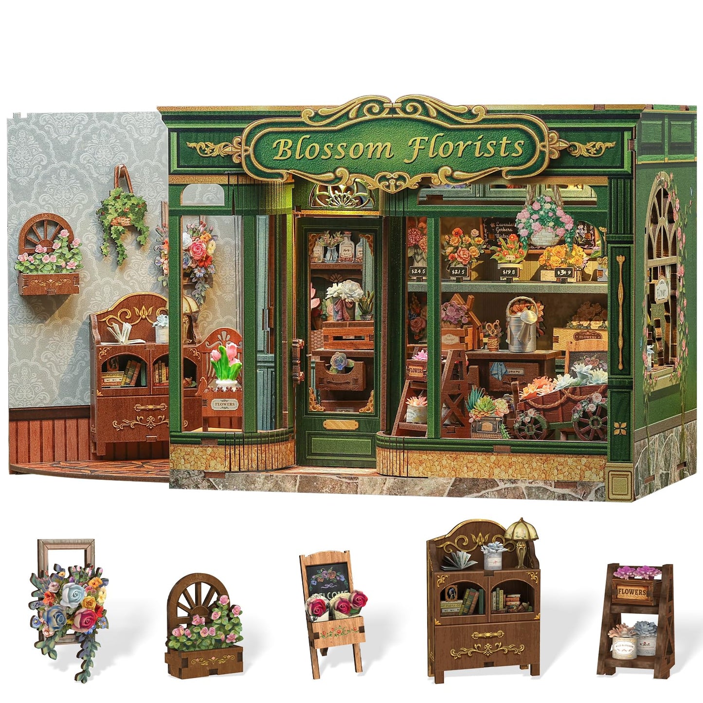 Cutefun Book Nook Kit - DIY Miniature House Dollhouse Kit, Book Nook Kits for Adults, Bookshelf Insert Bookend with LED Light for Teens and Adults (Blossom Florists)