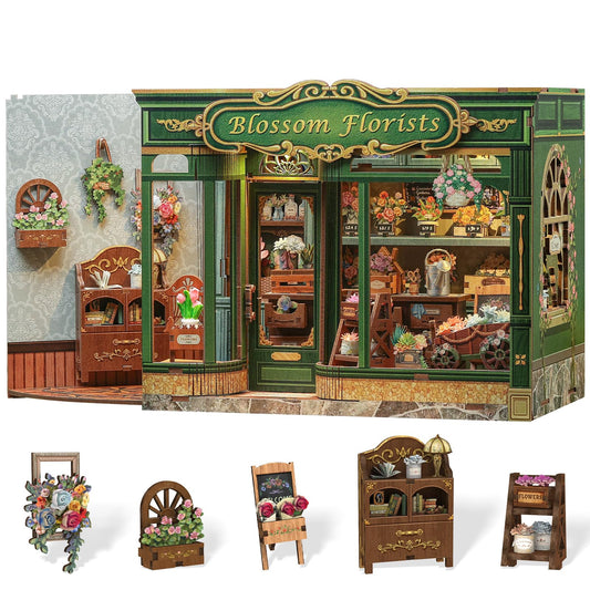 Cutefun Book Nook Kit - DIY Miniature House Dollhouse Kit, Book Nook Kits for Adults, Bookshelf Insert Bookend with LED Light for Teens and Adults (Blossom Florists)