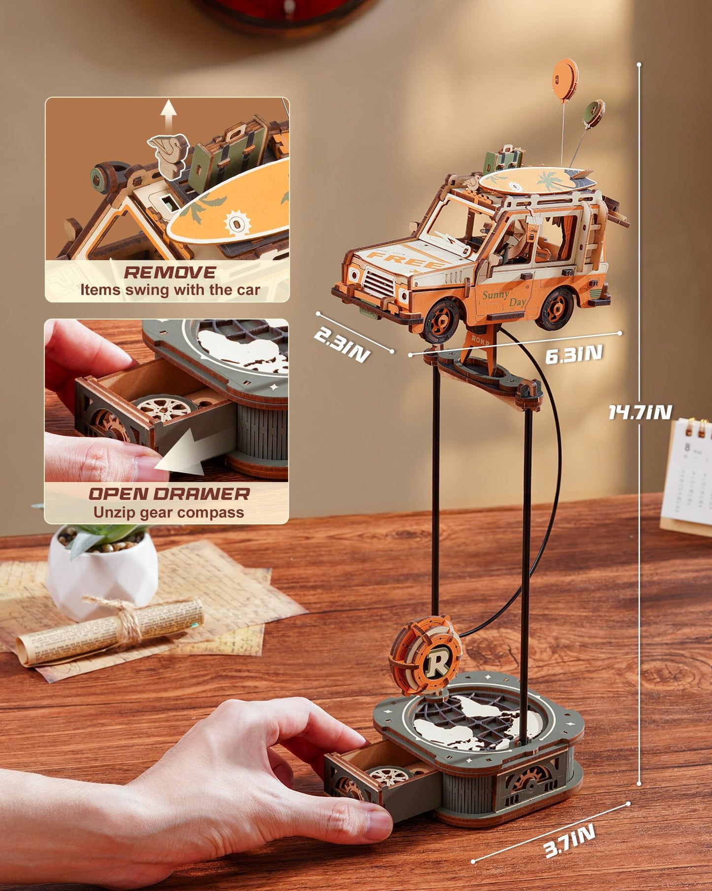 ROKR Pendulum Balance Toy, 3D Wooden Puzzles for Adults, Retro Road Tripper Car, DIY Craft Wood Puzzle Kit, Unique Gift for Men Women