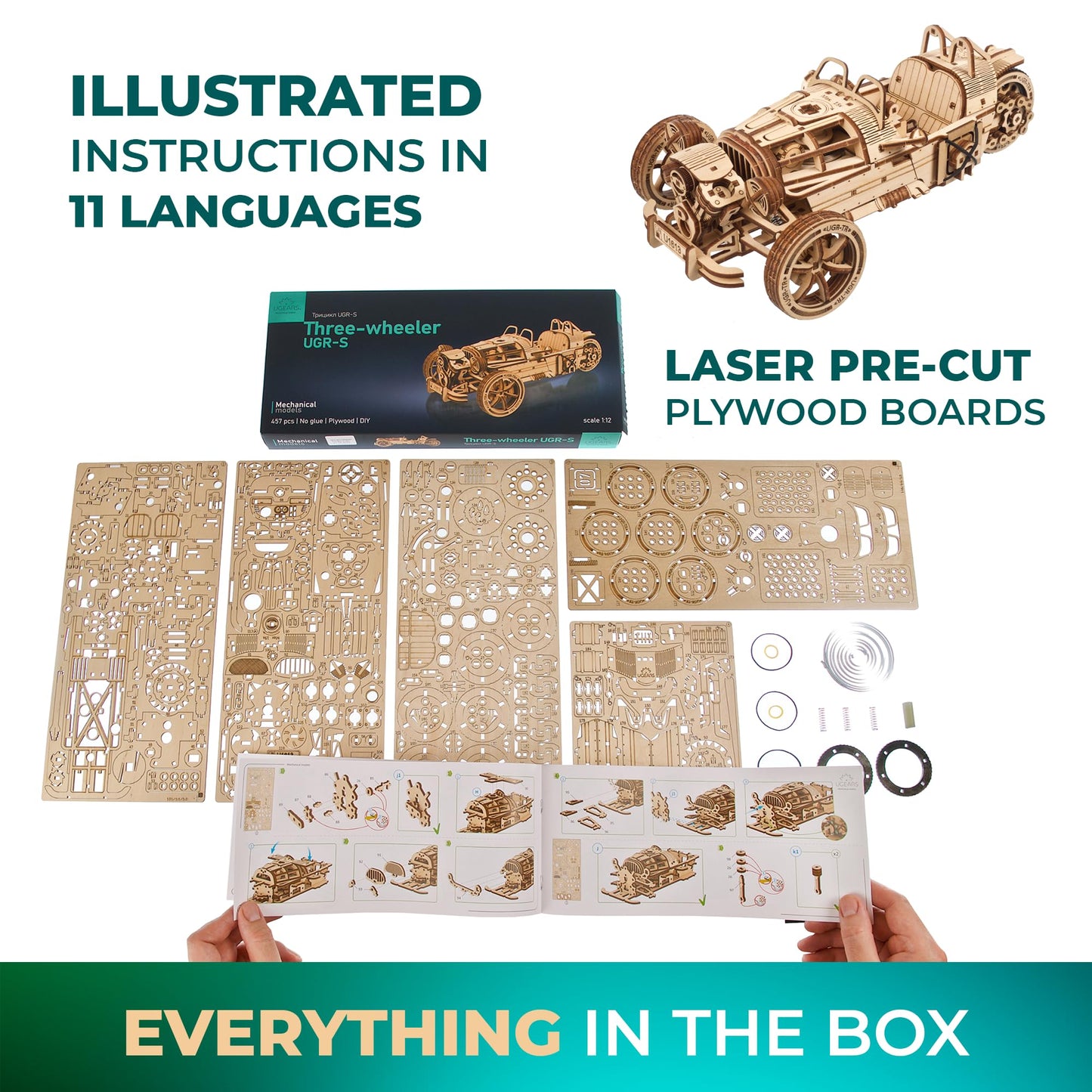 UGEARS Wooden 3D Puzzles for Adults - Three-Wheeler UGR-S Motorcycle Model Kit with Spring Motor, Functional Steering and Chain Drive – DIY Model for Motorcycle Enthusiasts 457 Pcs