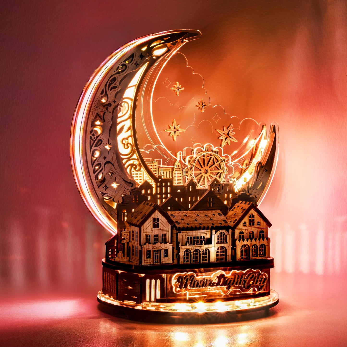 FUNPOLA 3D DIY Puzzle Moon City Model - LED 3D Wood Puzzle - 3D Wooden Puzzles for Adults Home Décor Gifts for Kids and Adults, White