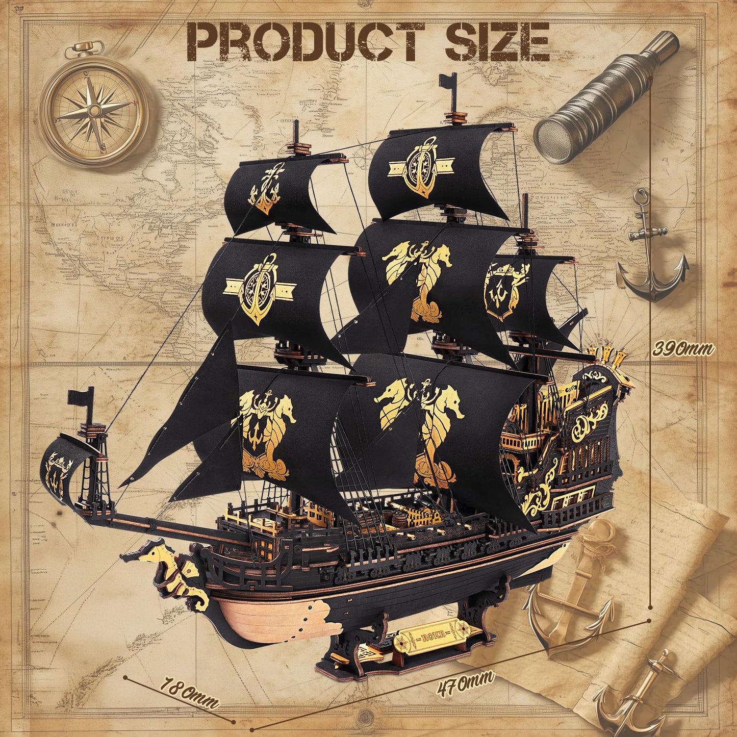 ROKR 3D Wooden Puzzles for Adults,Seahorse Barque Model kit, 603 Piece 3D Puzzles for Adults&Teens,Ideal Gift for Adults