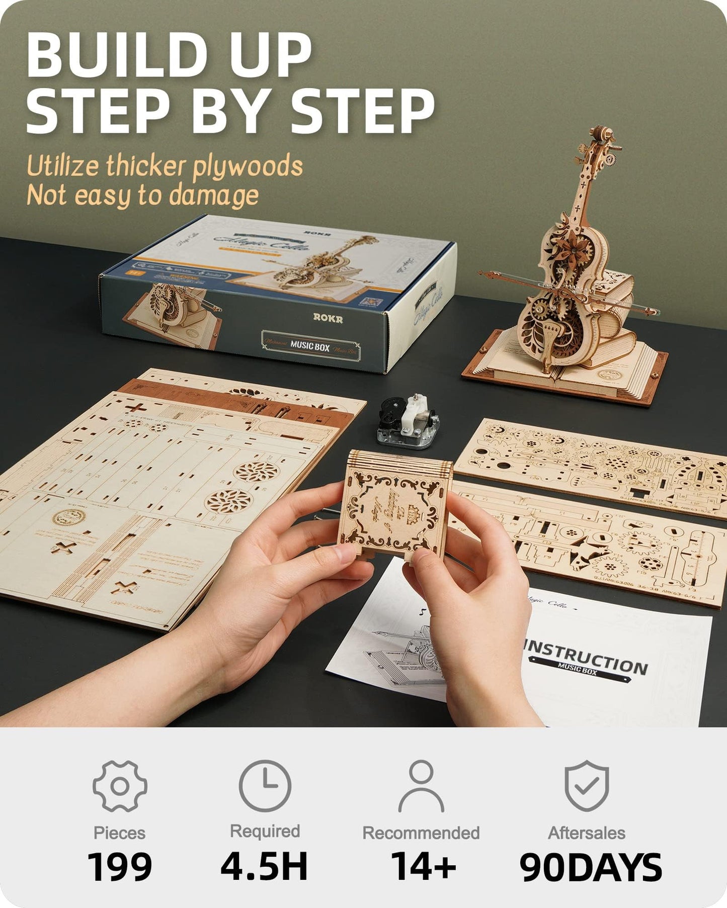 ROKR 3D Wooden Puzzles for Adults,Wooden Music Box Kits-Cello Wood Model Kits for Adults to Build,Stem Projects for Teens,Birthday Gifts Hobbies for Women Men