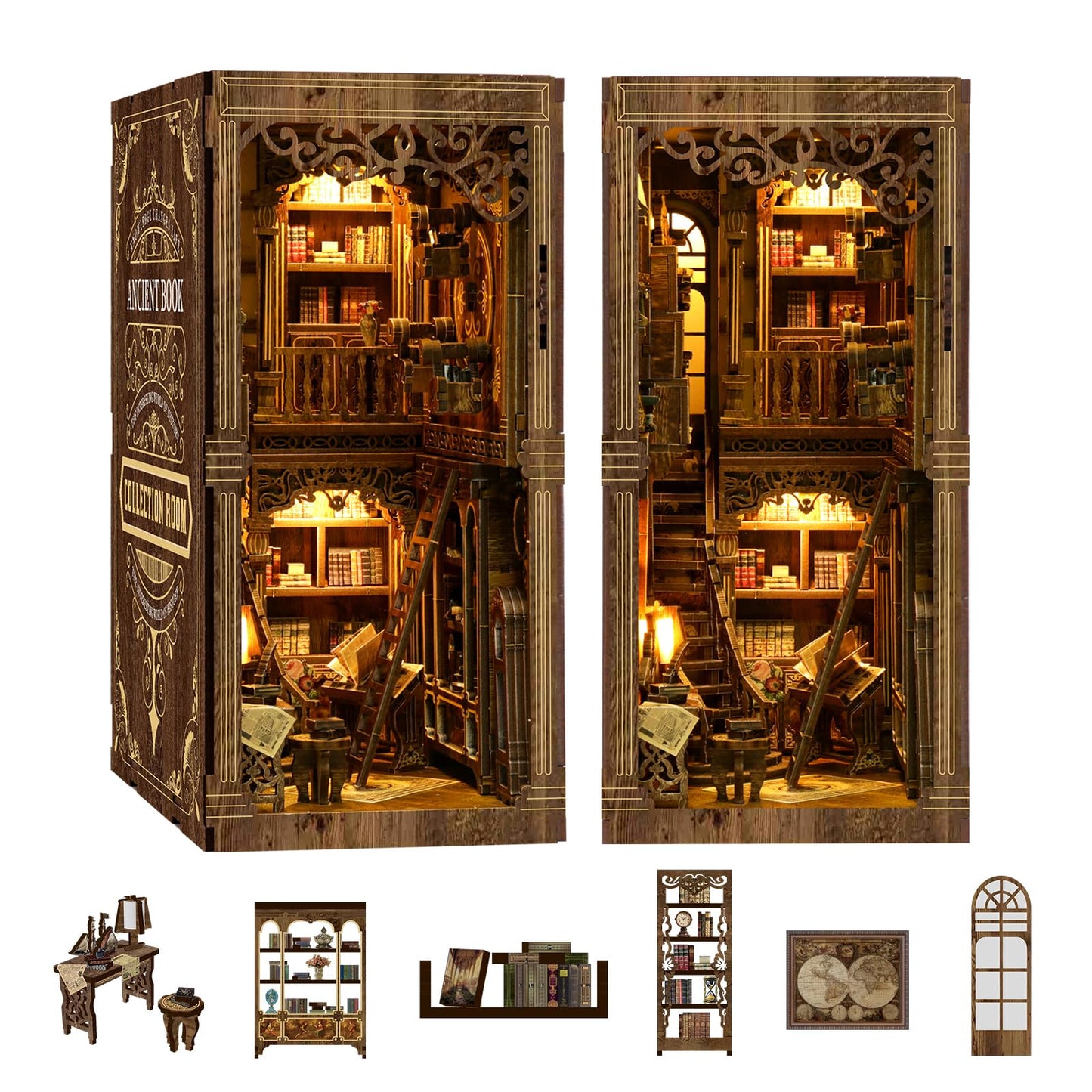 THRIVINGIVAN Book Nook Kit for Adult Miniature Model Build Dollhouse Kit 3D Wooden Puzzle with Sensor Led Light for Bookshelf Bookend Insert Decor Adults Teen Crafts(Classical Book Collection Room)