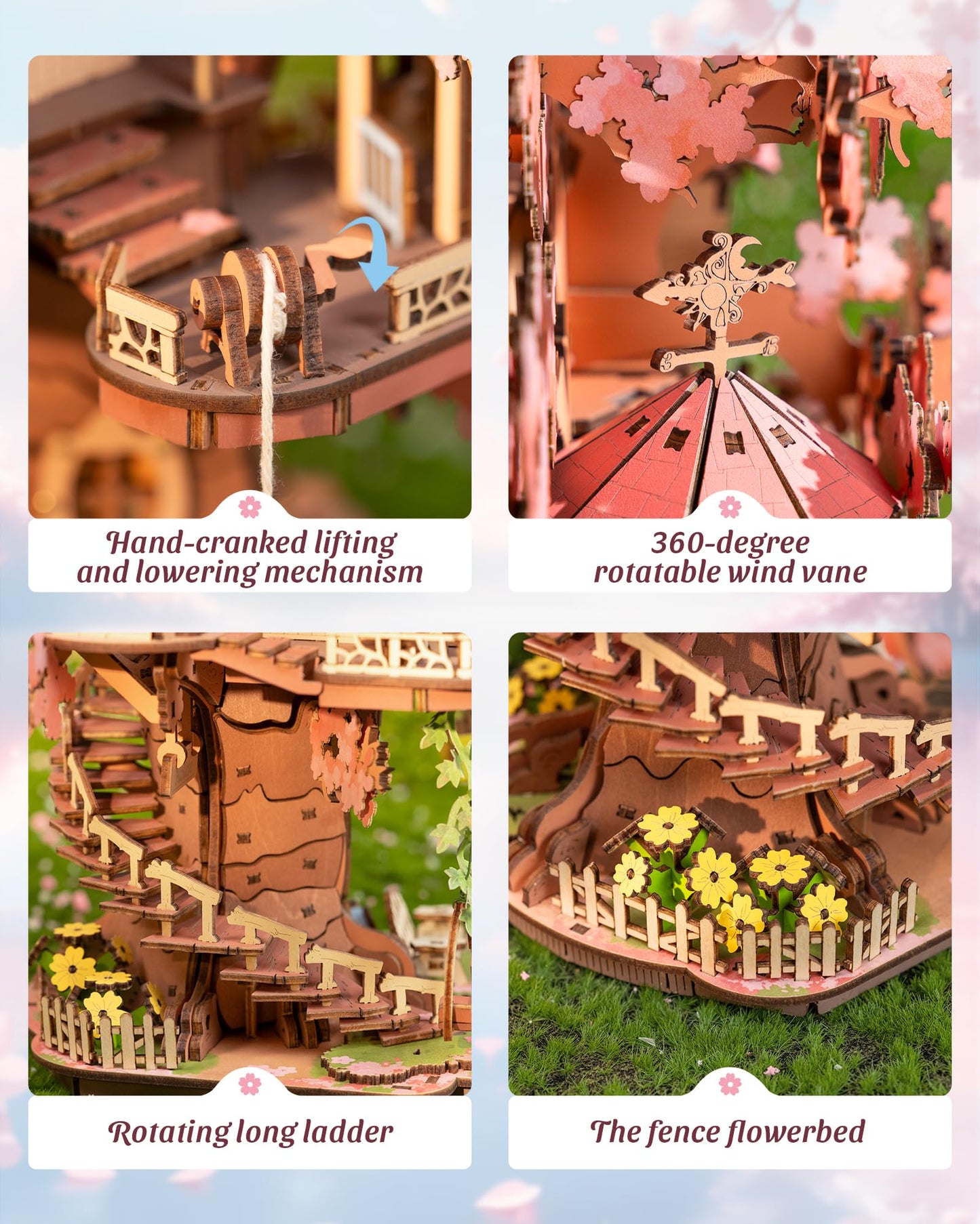 ROBOTIME DIY Miniature House Kits for Adults, 3D Wooden Puzzles for Teenager, Japanese Cherry Blossom Tree Sakura Bonsai Plants for Birthday Gifts and Hobbies (Sakura Tree House)