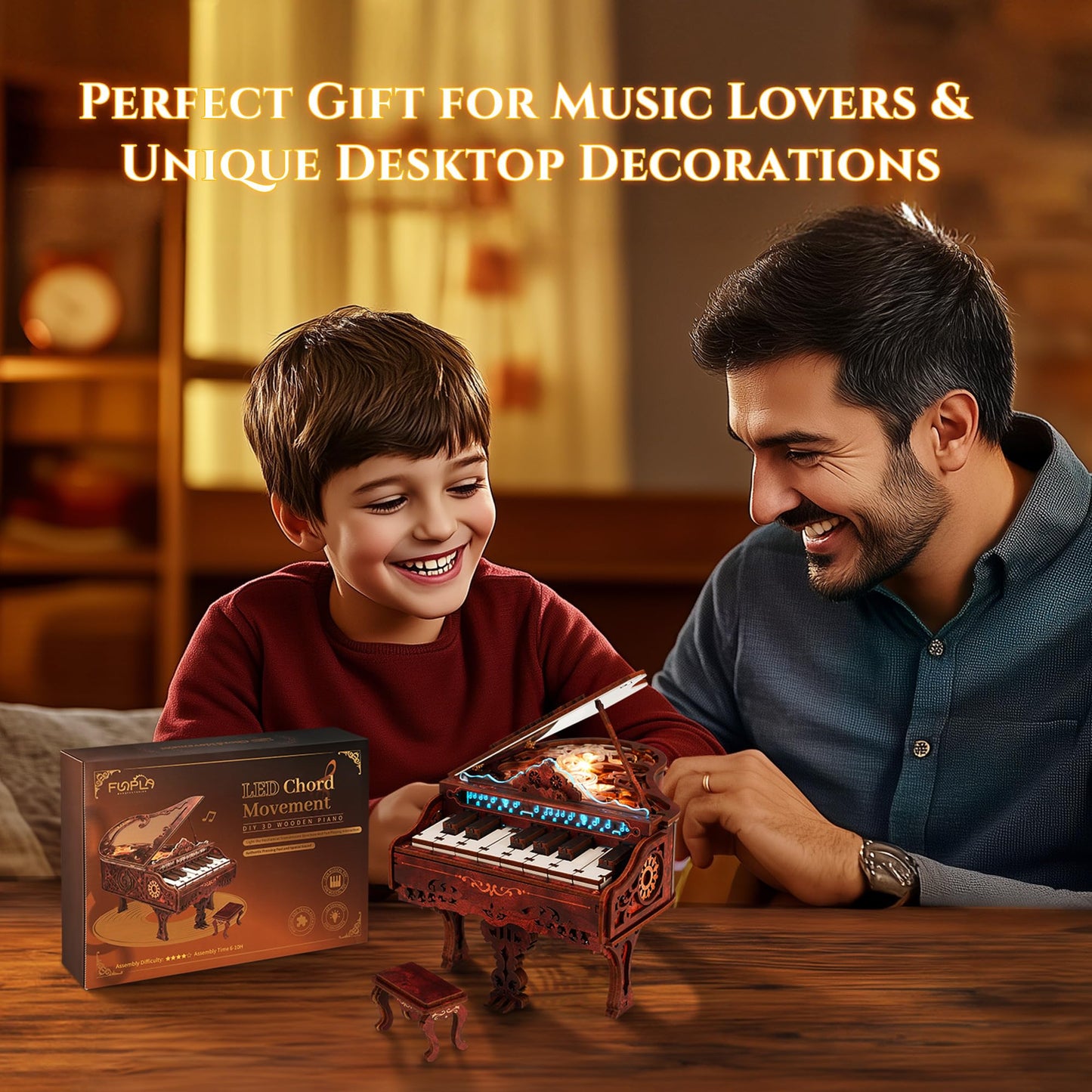 FUNPOLA 3D Wood Puzzle Piano Kit, Playable Wooden Keyboard Model with LED Lights, Interactive Craft Kit & Digital Piano Puzzle for Adults and Kids（with LED