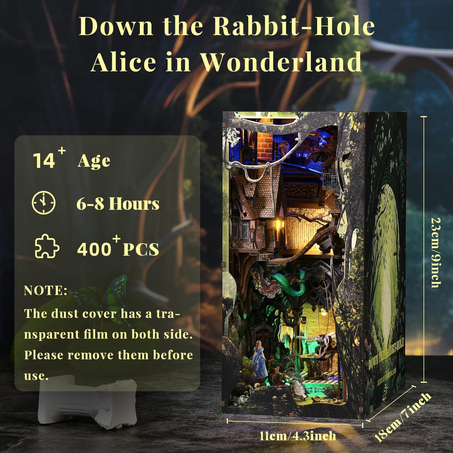 CCCDF Book Nook Kit, Booknook Kit with Dust Cover for Adult DIY Miniature House Kit 3D Wooden Puzzle Decorative Bookend Bookshelf Decor Gift for Women Teens (Alice Down The Rabbit Hole)