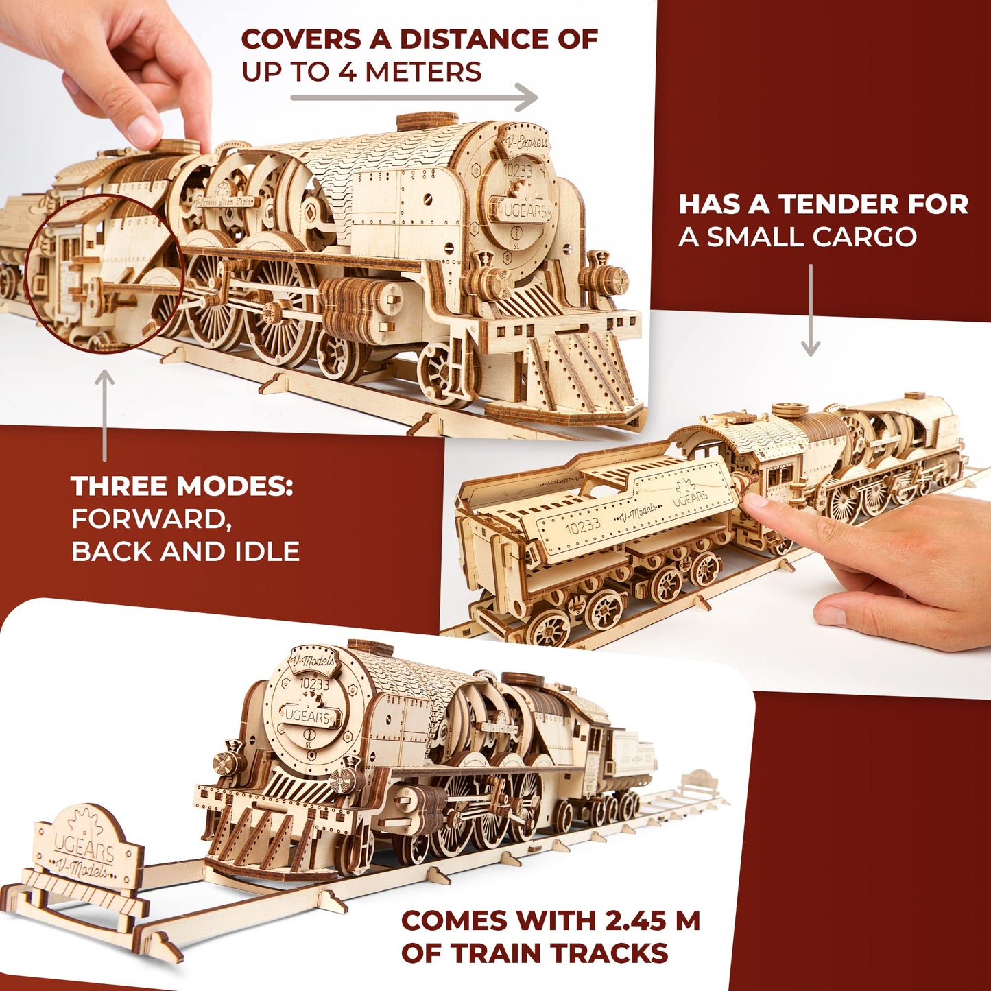 UGEARS 3D Puzzles for Adults - V-Express Steam Train with Tender Idea- 3D Wooden Puzzle Model Kits for Adults and Teens Building Kit Wooden Model Kits