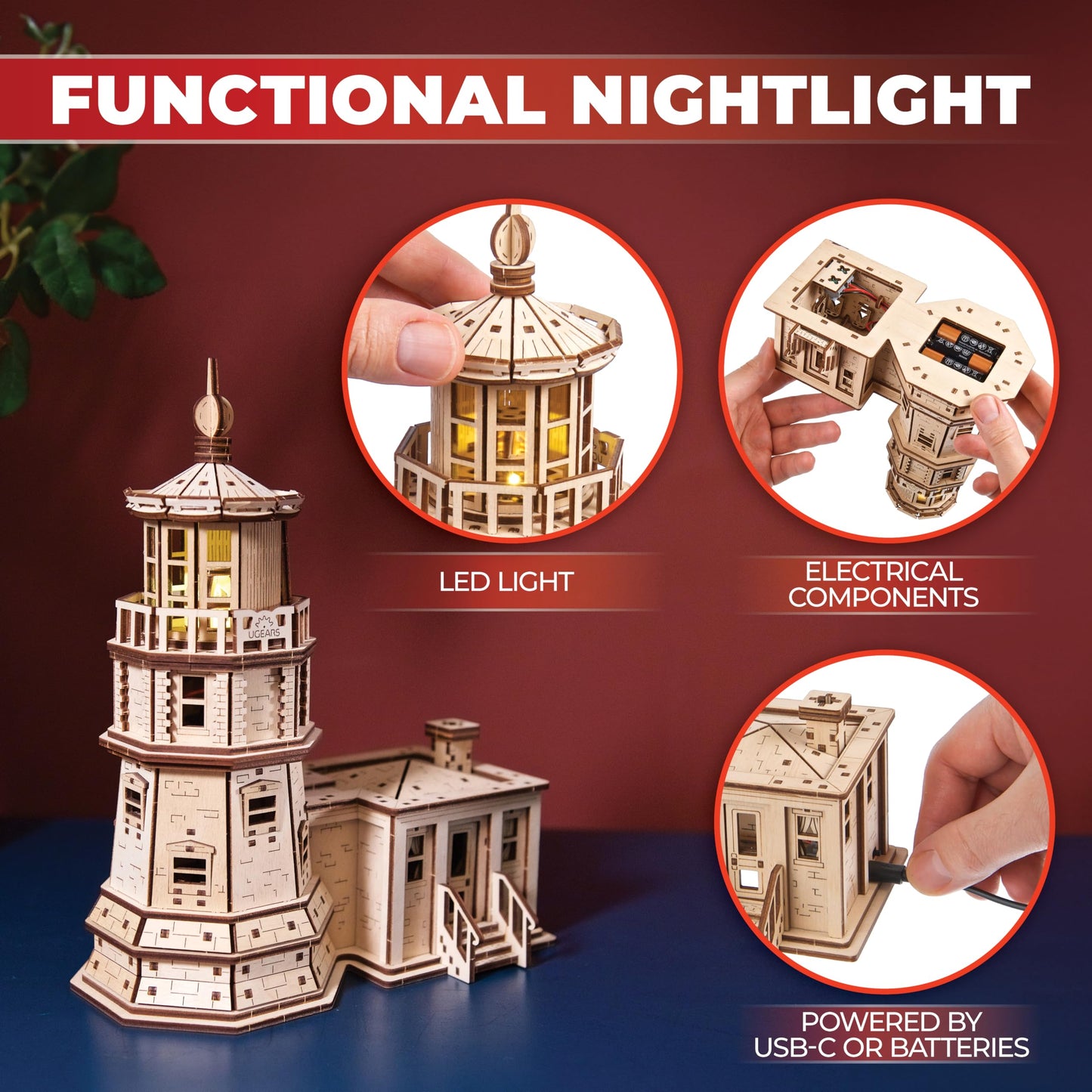 UGEARS Split Rock Lighthouse 3D Puzzle – DIY Miniature Kit Wooden Models for Adults to Build with LED Nightlight - 3D Wooden Puzzles - Crafts for Adults Gifts for Engineers - 295 Pcs
