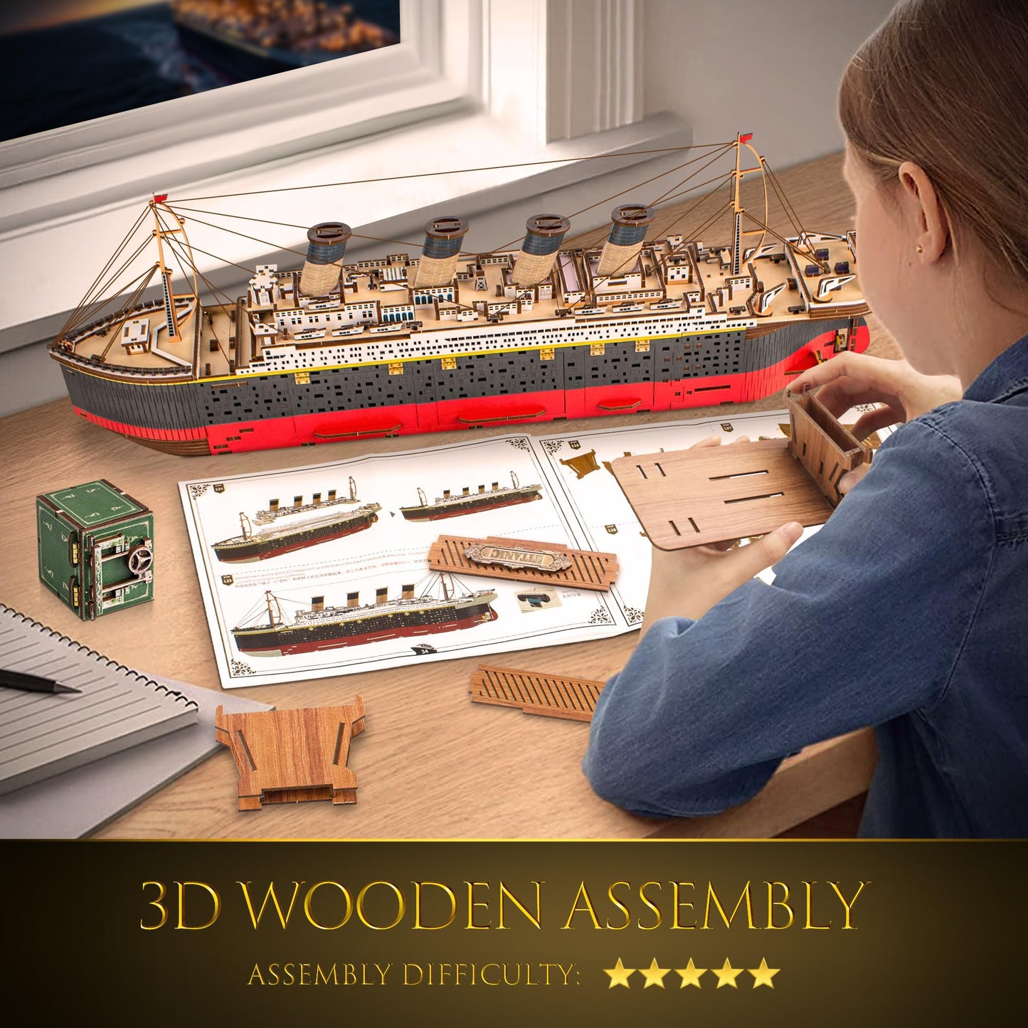 Titanic 3D Wooden Puzzles for Adult with LED Light, Home Decoration Titanic Model Kits for Adults, Sailboat Hobbies for Men, Christmas Birthday DIY Miniature Kit Gift for Adults Teens