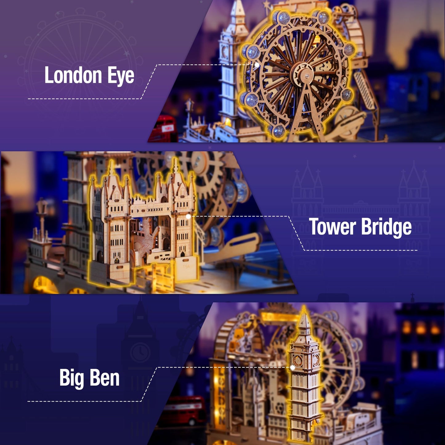 ROKR Marble Travel London, 3D Wooden Puzzles for Adults, Marble Run Kit Adults to Build, 3D Wooden Puzzle with LED, Unique Gift for Men Women