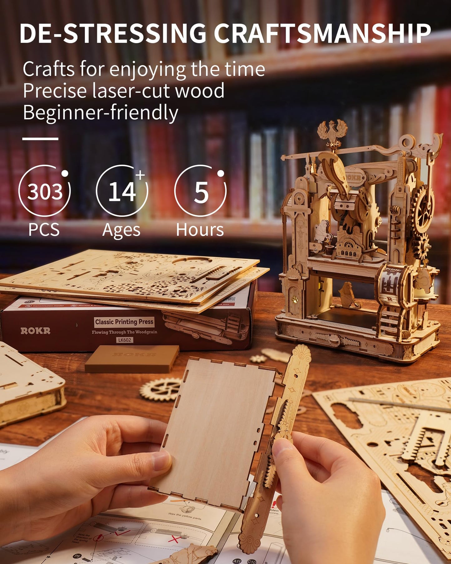 ROKR 3D Puzzle for Adults, Wooden Puzzles Classic Printing Press Model Building Kits, DIY Wood Crafts Cool Toys for Birthday, STEM Hobbies for Women Men (LK602)