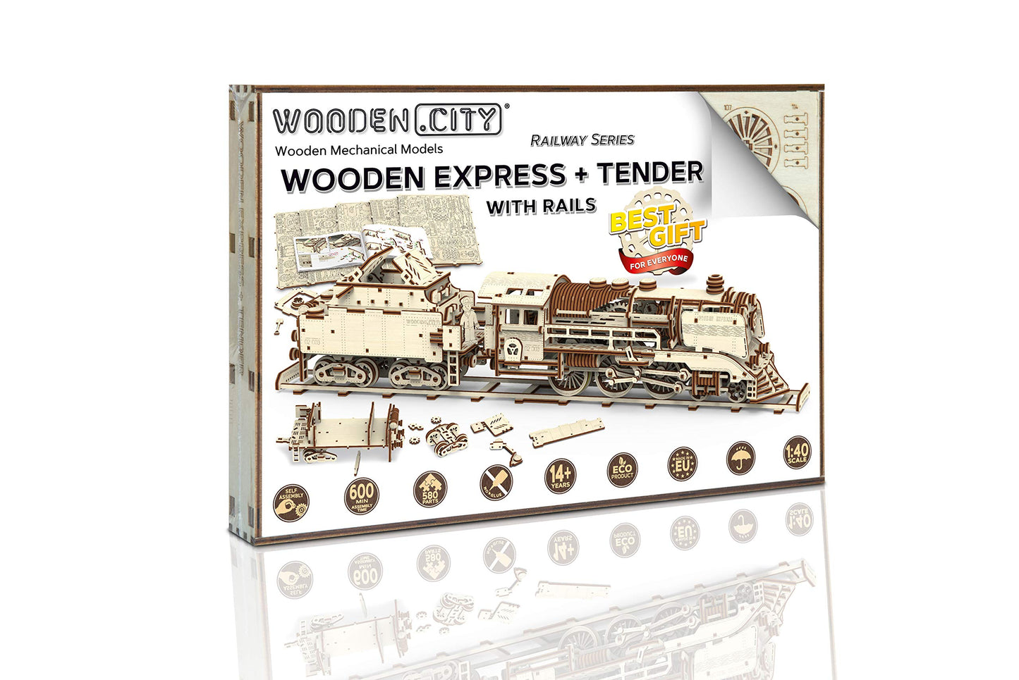 WOODEN.CITY Wooden Express + Tender with Rails 3D Wooden Puzzles for Adults – Build Your Own Train Set with Rubber‑Band Motor – Self‑Assembly Model, DIY Gift for Adults and Teens