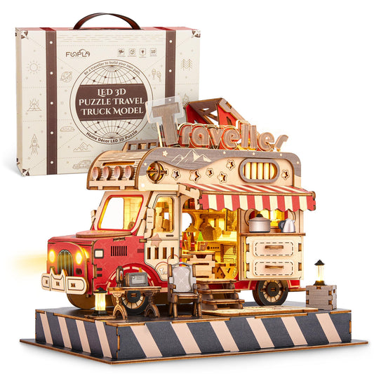 FUNPOLA 3D Wood Puzzle Travel Truck Model - DIY Miniature Adventure Truck Kit with LED Lights - Creative Gift for Kids and Adults(Travel Truck)