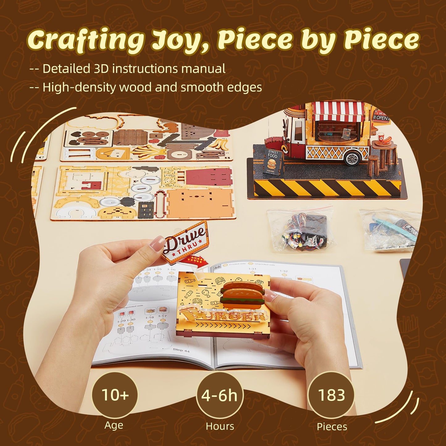 FUNPOLA 3D Wood Puzzle Burger Truck Model - DIY Miniature Food Truck Dollhouse Vehicle Craft Kit with LED Lights - Perfect Creative Gift for Kids and Adults(Burger Truck)