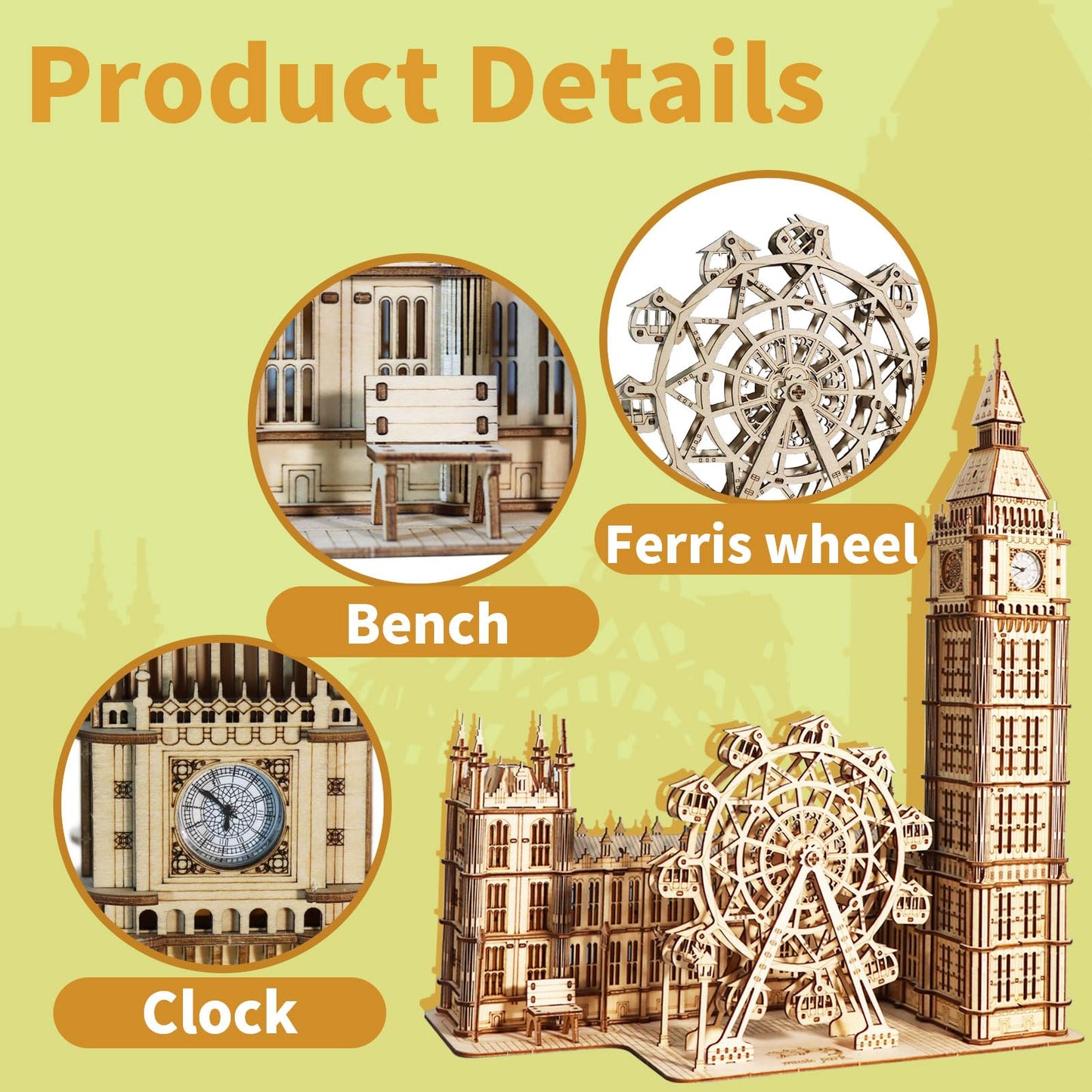 Music Park 3D Puzzles Big Ben Real Clock with Night Light Wooden Model Kits for Adults to Build Ferris Wheel Craft Christmas and Birthday Gifts Home Decoration
