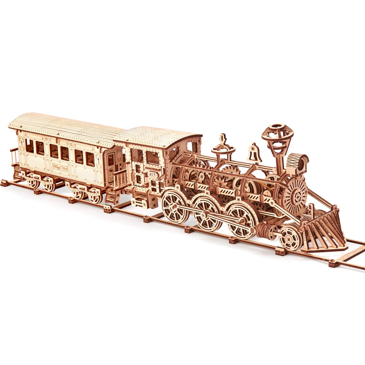 Wood Trick Wooden Toy Train Set with Railway - 34x7″ - Locomotive Train Toy Mechanical Model Kit - 3D Wooden Puzzles for Adults to Build - Engineering DIY Models for Adults to Build