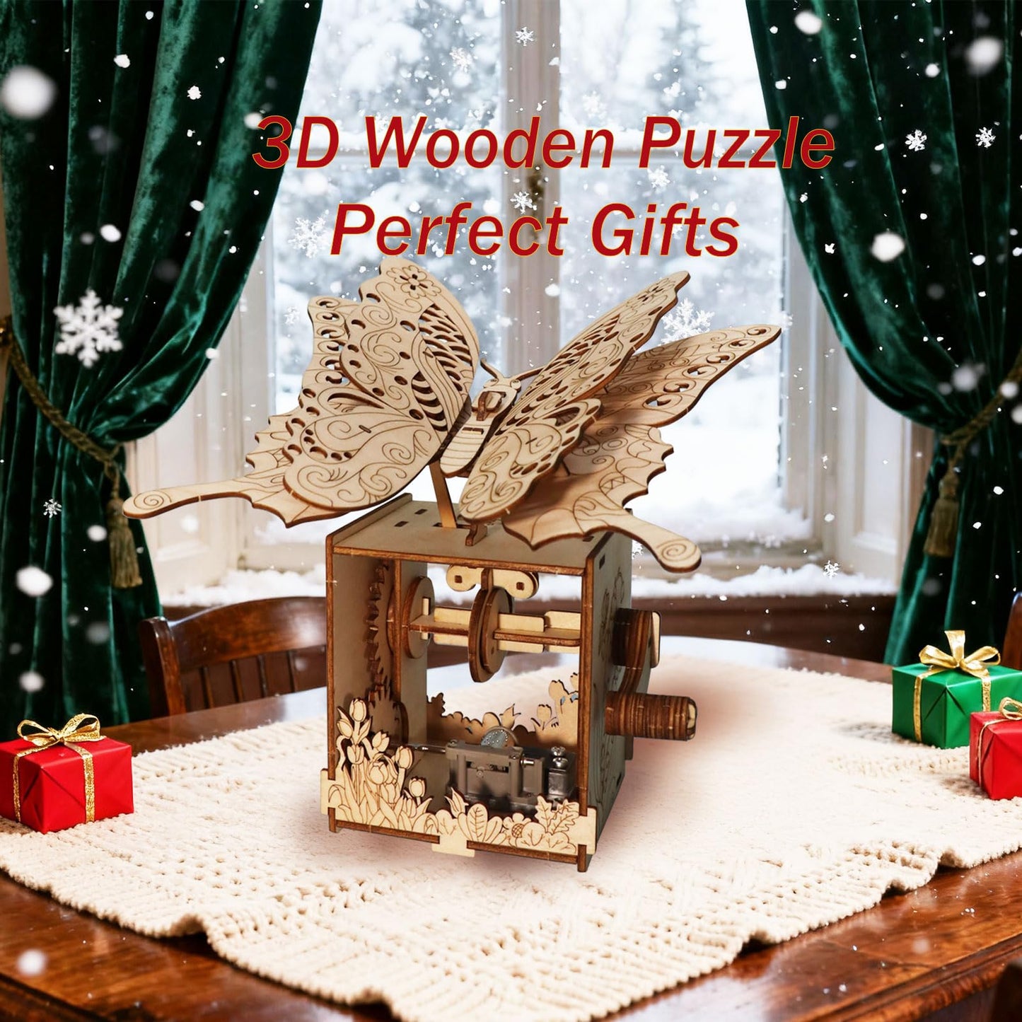 3D Puzzles for Adults Hand Butterfly Wooden Mechanical Music Box Model Kit You are My Sunshine Handmade Assembly DIY Crafts Birthdays for Boys Ages 14+