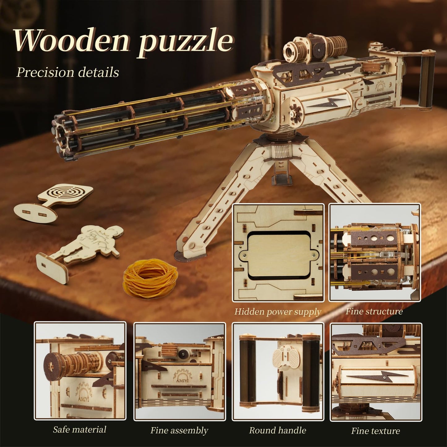 3D Wooden Puzzles Model for Adults,344 Piece Wooden Puzzle Machine Gun with Rubber Bands,Gatling Toy Gun DIY Kits for Adults Teens, Cool Craft Hobby Kits Gifts for Men Boys