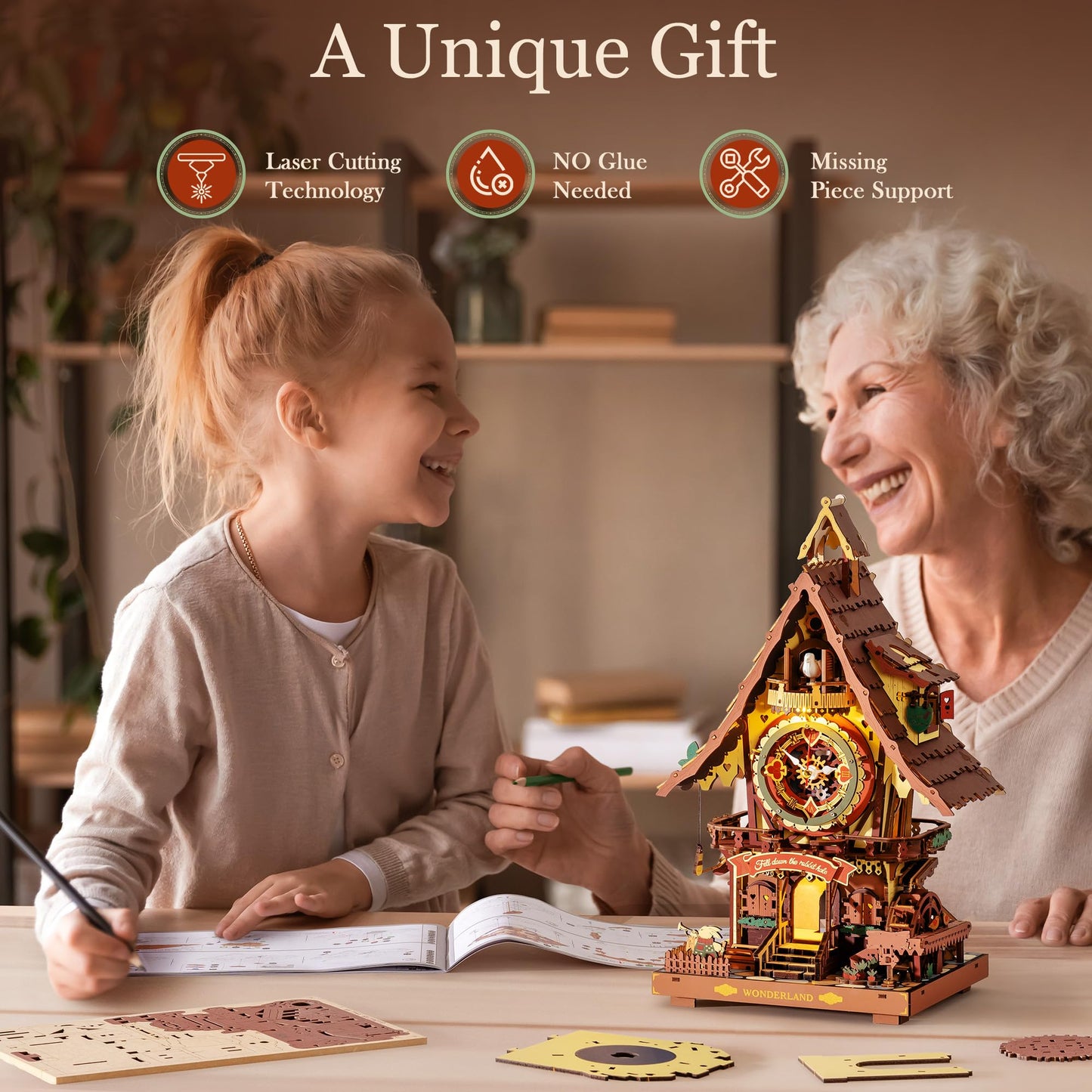 ROBOTIME 3D Wooden Puzzles for Adults-Cuckoo Clock Wooden Models for Adults to Build-435 Piece Model Kit with 2 Lights-Gift for Craft Enthusiast Model Building Set (Colourful)