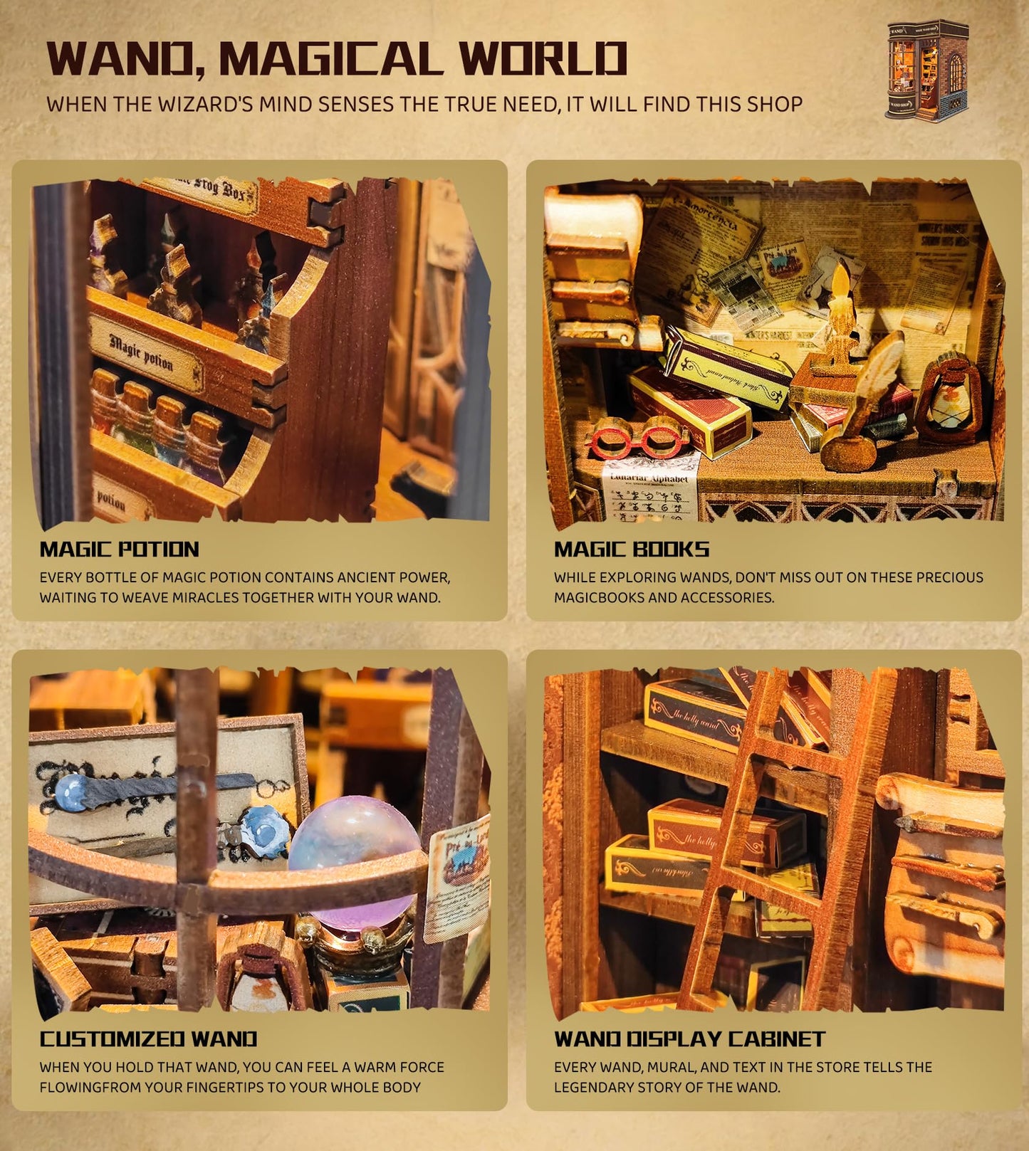 BookTop DIY Miniature Magic Series Booknook Kit, Dollhouse Tiny House Model Build Bookshelf Decor,with LED Light and Dust Cover，for Adults and Teens，Gifts for Family, Friends（Magic Shop）