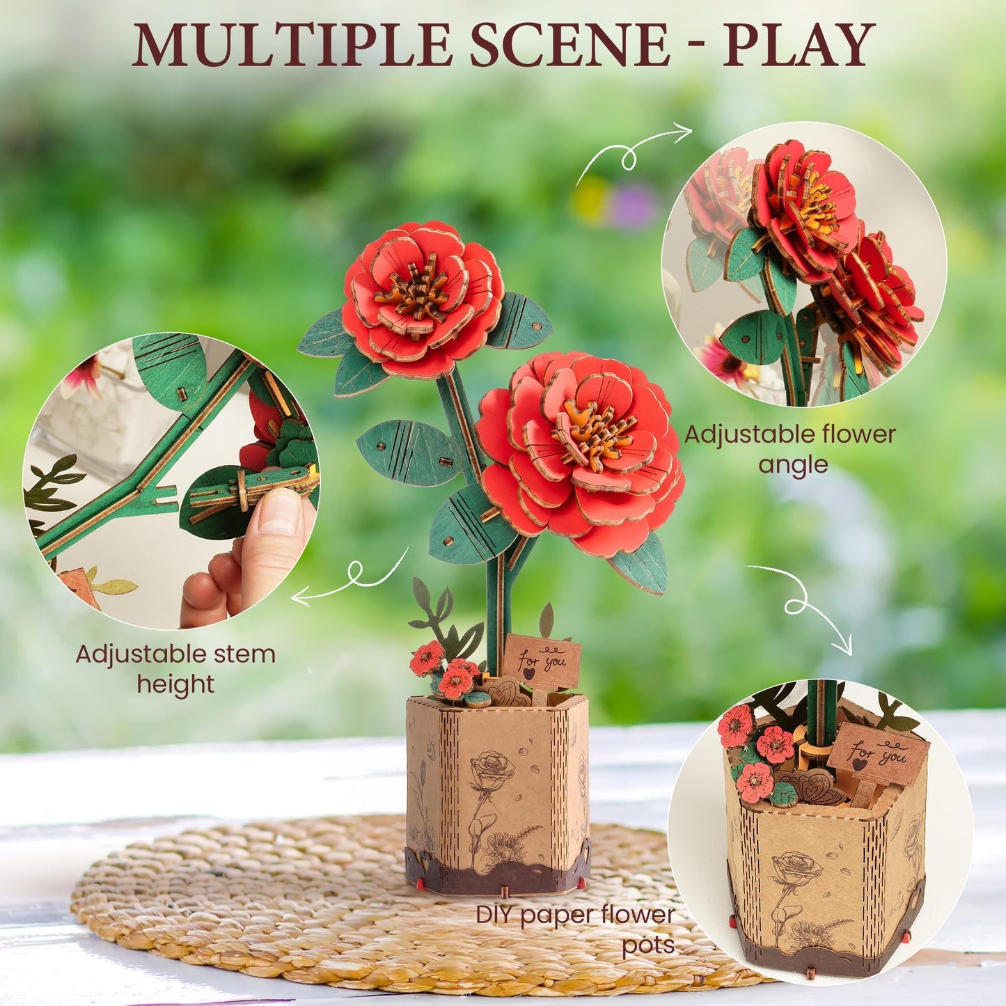 ROBOTIME 3D Puzzle Wooden Flower Red Camellia DIY Model Kit to Build for Adults Artifical Bouquet Collection Craft Brain Teaser Puzzle Creative Gift Home Decor