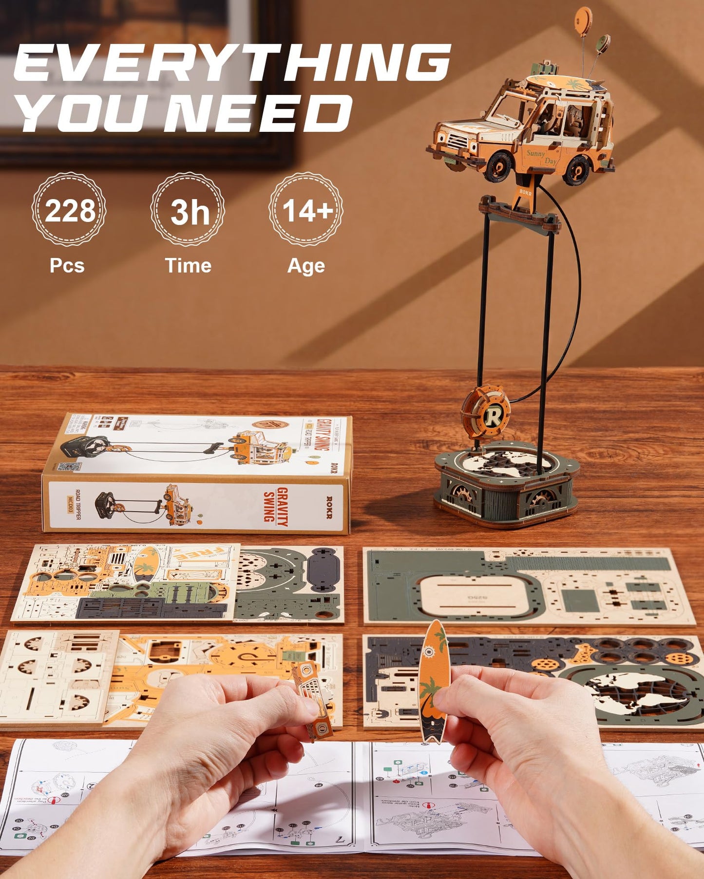 ROKR Pendulum Balance Toy, 3D Wooden Puzzles for Adults, Retro Road Tripper Car, DIY Craft Wood Puzzle Kit, Unique Gift for Men Women