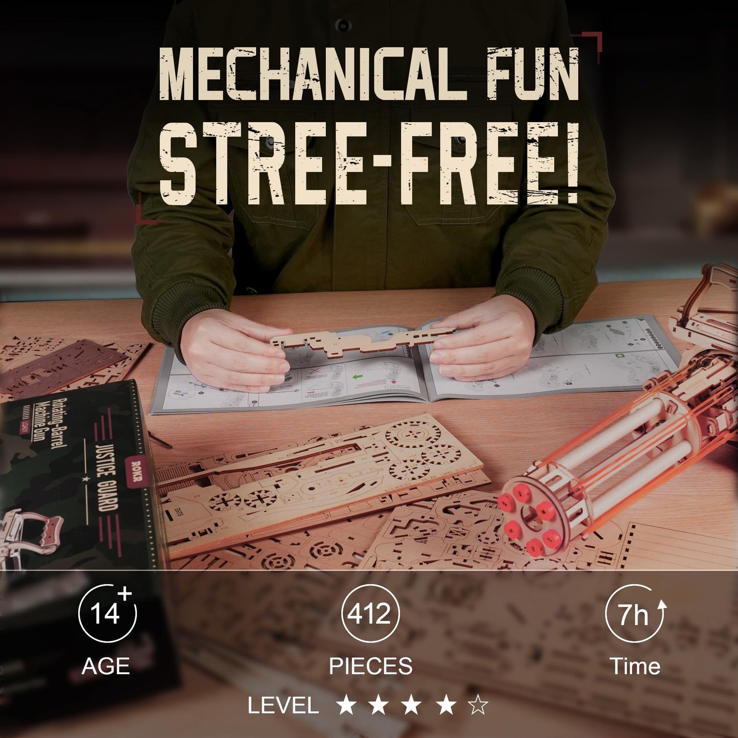 ROKR Gun 3D Puzzles for Adults, Wooden 3D Puzzle Rubber Bands Gun Toy, Rotating-Barrel Machine Gun, Wood Model Craft Kits, Cool Hobbies Birthday Gifts for Men Teen 14+